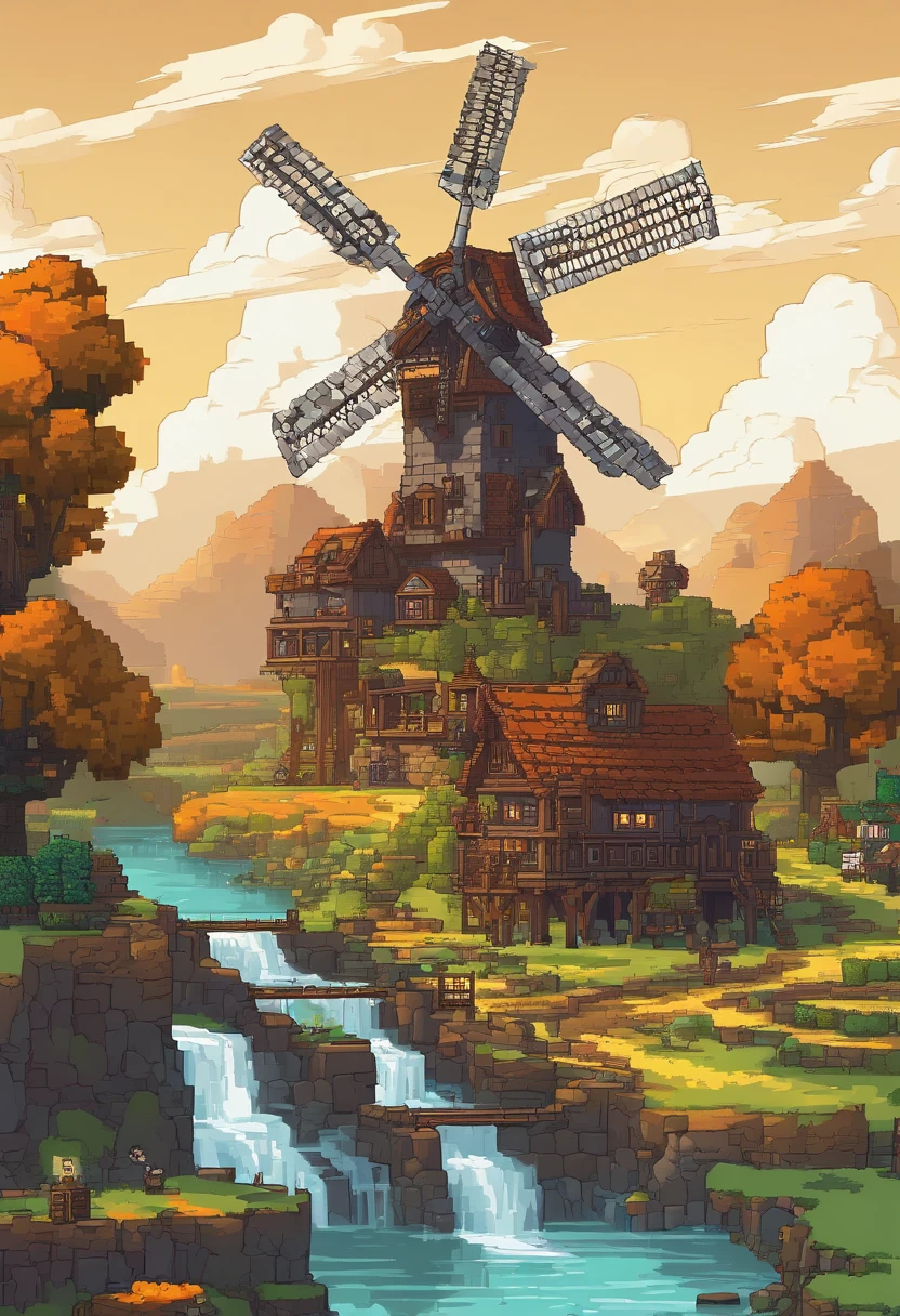 Fantasy world, Wonderful, Full of fantasy and fiction, Coloring, Low light, Medium brightness (Perfect work of art), The landscape presents themes of beauty and fantasy, Beautiful，Large gears，The Age of Steam，steampunc，steam locomotive，Smelting furnace，pouring，bf，minecraft，Large watermills，Large windmills，Create，Farmer's Pleasure，Mechanical power，Craftsmanship