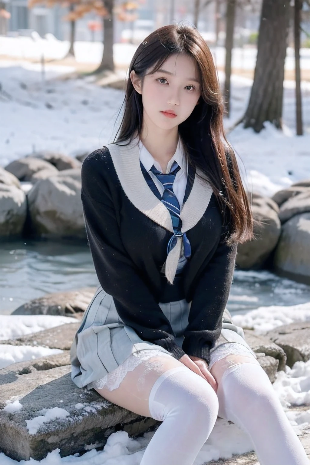 female characters, ties, skirts, Japanese school uniforms, Takano Aya color style, about Yada Hana, Ayaka, Ishida, Takano Aya, Japanese student uniforms, Tejoshi Shiori, Kojima Amano Aya, Ikuta Erika, Hiroe Koji, snow scene, Long shot of frozen lake, sitting cross-legged on a stone, sharp eyes, sensual figure, uniform soaked with sweat, extraordinary beauty, big breasts, wearing white lace tights