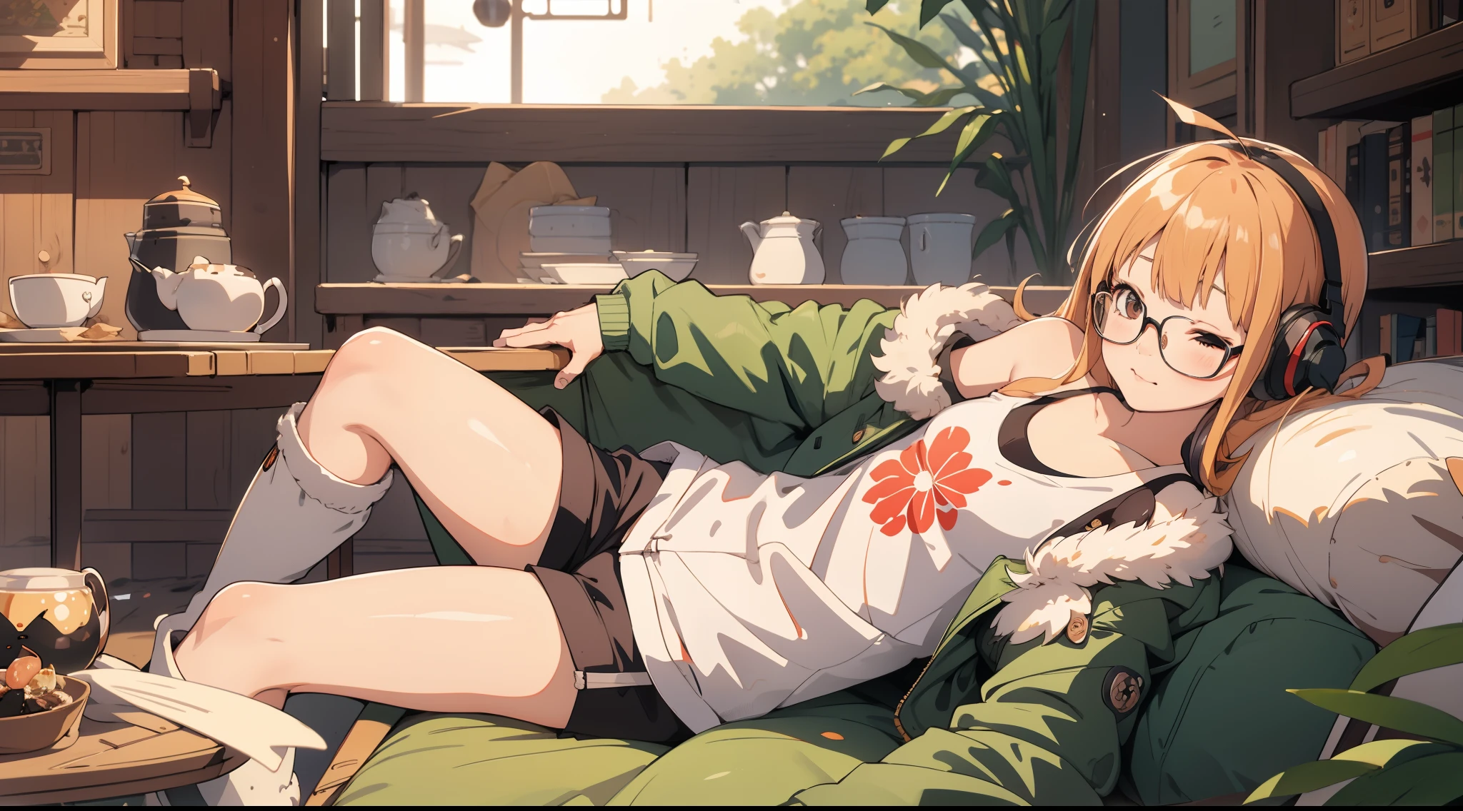 masutepiece, Best Quality, hight resolution,
1girl in, futaba sakura, Blunt bangs, Ahoge, Small breasts,
Glasses,  headphones, behind-the-head headphones, White shirt, Jacket, off shoulders, Fur trim, fur-trimmed jacket,  Green jacket, Shorts, thighs thighs thighs thighs, long boots,
 Cowboy Shot,the golden hour,1black cat、tea shop、Sleep on the sofa