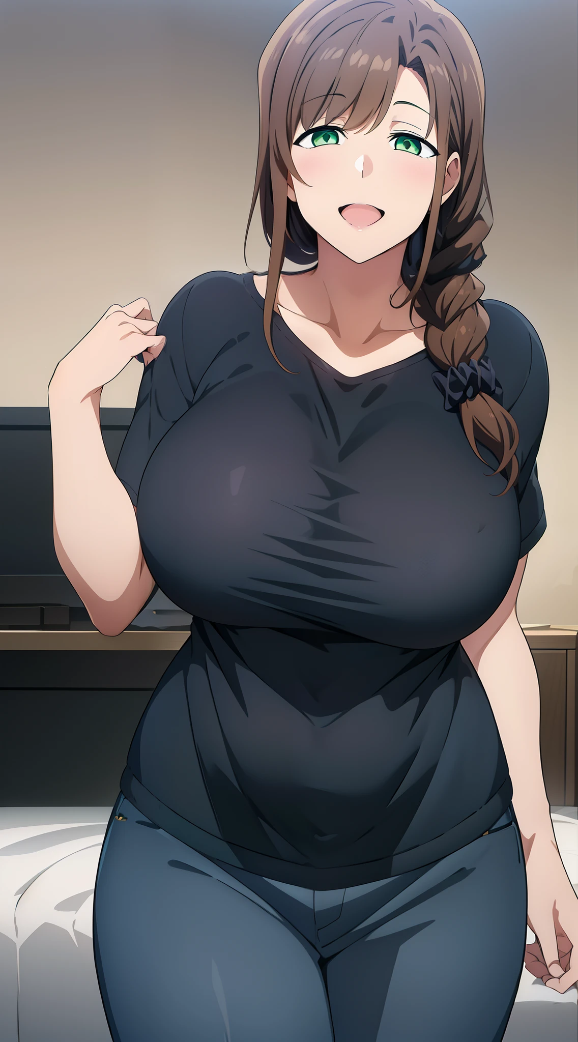 1girl, solo, long hair, looking at viewer, smile, open mouth, large breasts, brown hair, shirt, hair ornament, green eyes, collarbone, braid, pants, black shirt, single braid, scrunchie, hair over shoulder, hair scrunchie, mature female, wide hips