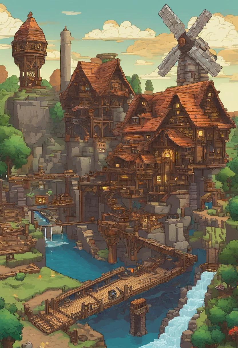 Fantasy world, Wonderful, Full of fantasy and fiction, Coloring, Low light, Medium brightness (Perfect work of art), The landscape presents themes of beauty and fantasy, Beautiful，Large gears，The Age of Steam，steampunc，steam locomotive，Smelting furnace，pouring，bf，Minecraft，Large watermills，Large windmills，Machinary，impetus，stress，conveyor belt，Copper pipes