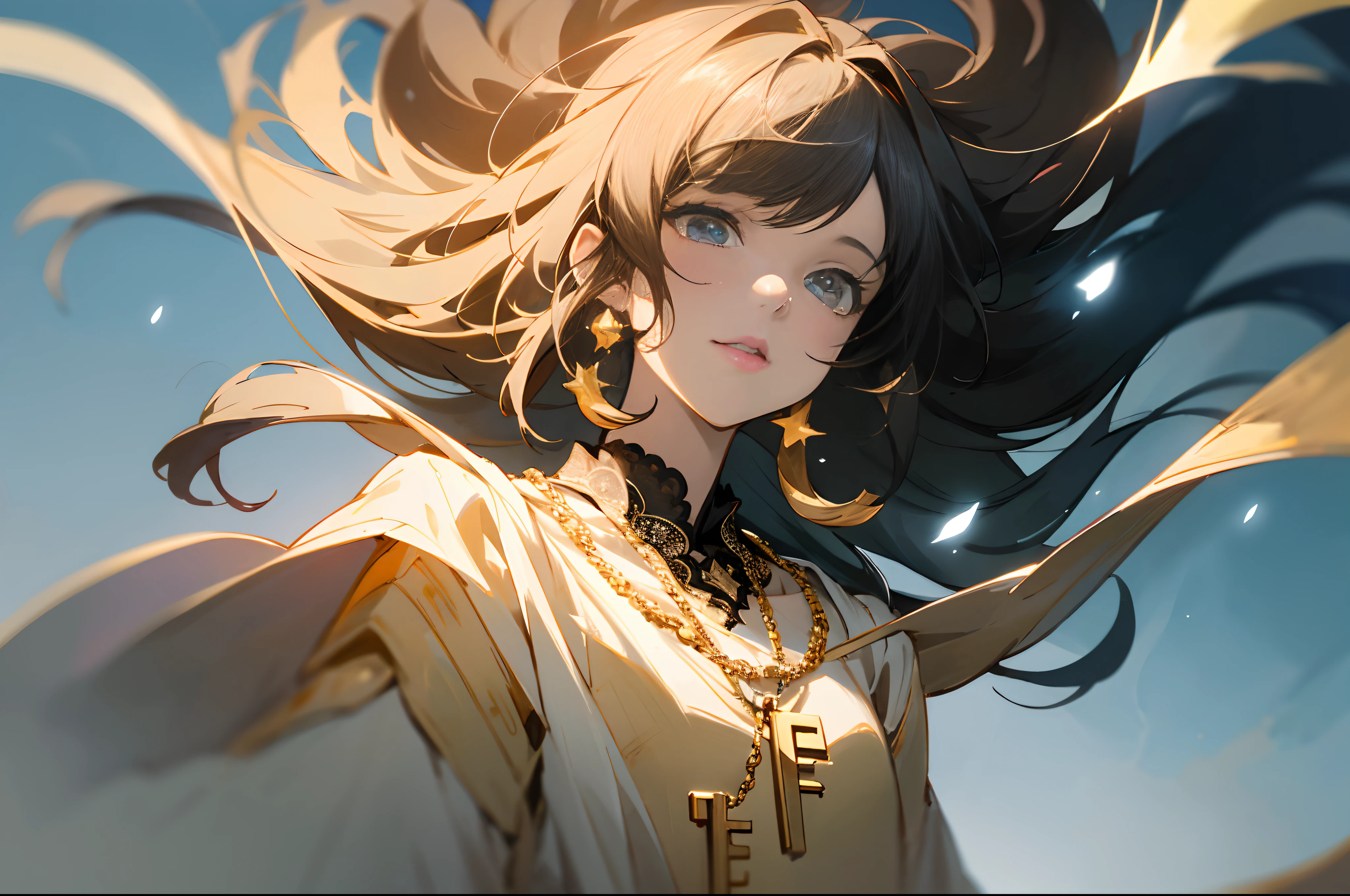 solo performance, Anime anime wallpaper HD anime wallpaper HD wallpaper， From Arknights,iintricate, Detailed key anime art, shadowverse style, gapmoe yandere grimdark, Full body like，Official artwork, Key anime art, anime key visual concept art of, （tmasterpiece，best qualtiy）Long black hair, The eyes sparkle like two twinkling stars, There is also an elegant and delicate face, It's like a perfect work of art. The figure is slender, The skin is as fair as snow，Straight nose. She wears a black robe, It is decorated with celestial motifs that symbolize wisdom. The design of the robe is simple and elegant, A delicate gold lace border accentuates the hem. Around her neck hangs a silver pendant in the shape of a philosophical ring,  She wears a golden infinity symbol ring. The image quality should be the best quality, 4K or 8K resolution, It has super tricks, Realistic or realistic details. The medium used for the artwork can be illustration, Oil painting, 3D rendering of, or photography. The style of the image can be in the form of a portrait, landscape, anime, Sci-fi, Photography, or concept art. The overall tone should be vibrant，Lighting should create a captivating effect.