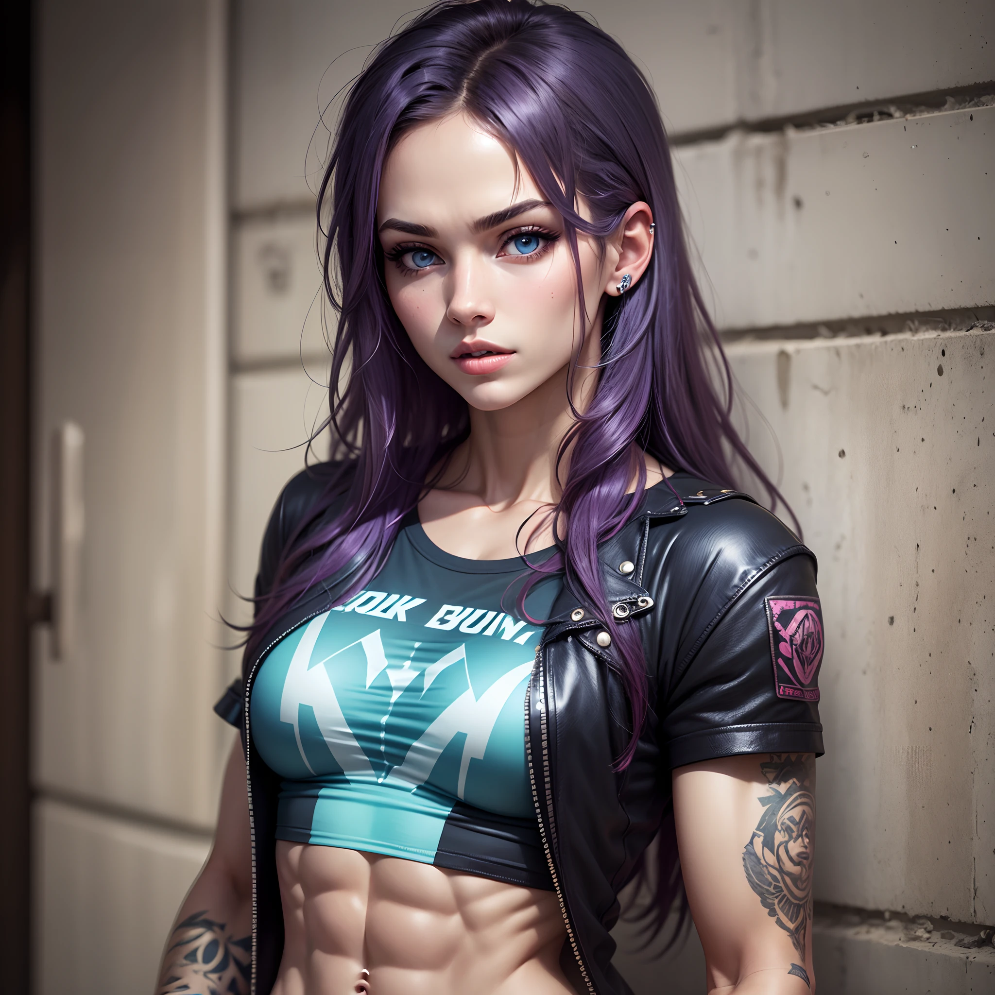 punk girl, abs, muscles, blue eyes which are glowing, punk tshirt, long hair, realistic --auto --s2