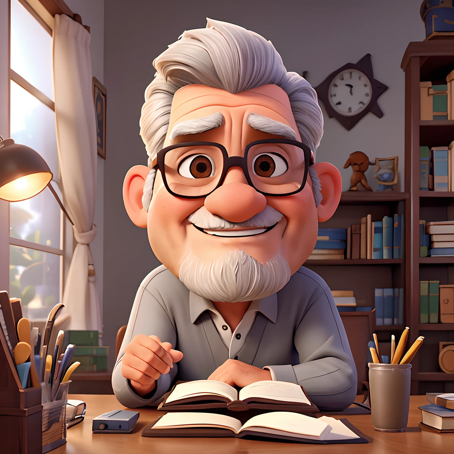 velho, inspirado na Disney Pixar, Inspirado pelo pastor ( Rubens Janeiro ) A gray-haired man wearing glasses in an office with a book on the table looking to the serious future, old man, cabelos grisalhos, um terno