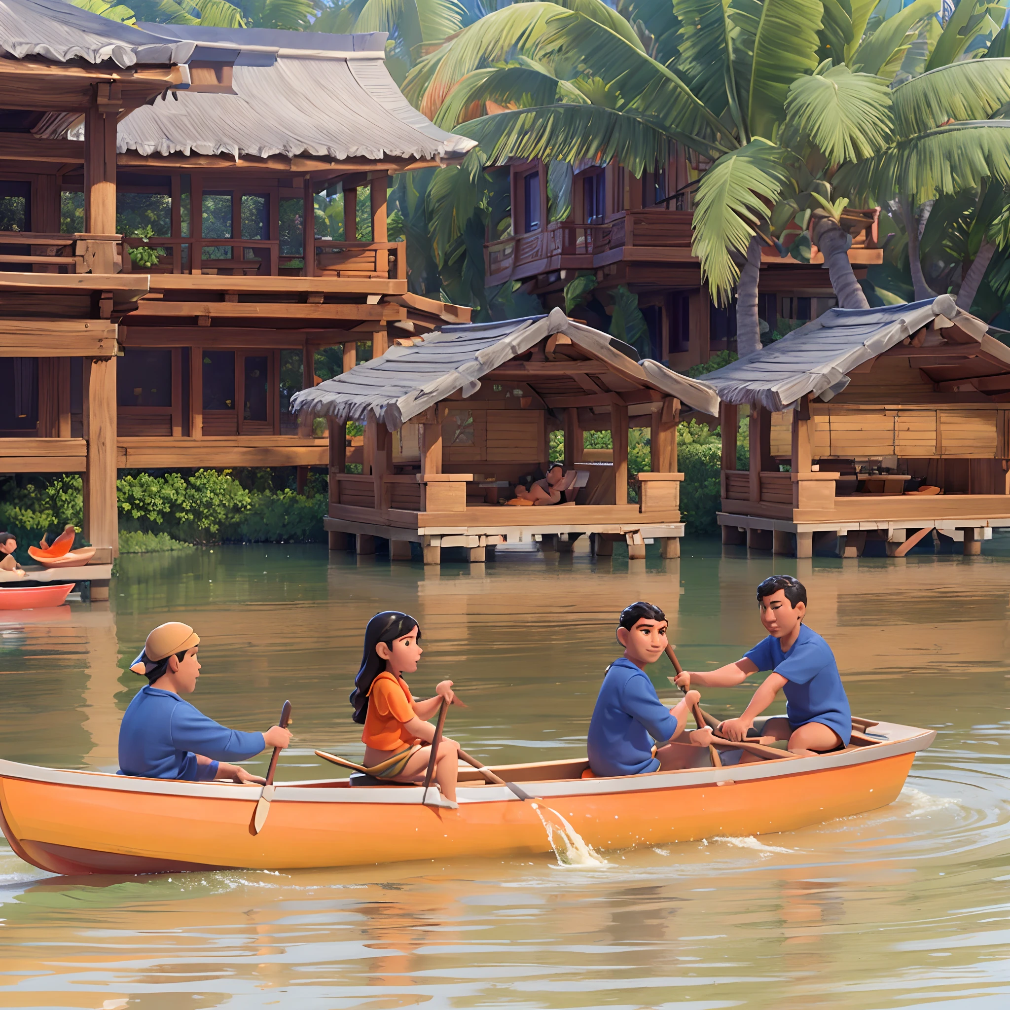 3d Disney animation of this image, there are 4 people paddling an orange canoe, there are exactly the same buildings , lots of trees and leaves that look fresh and natural green, there are several coconut trees which are very fresh and beautiful Make the water look clear and fresh,Pixar animation style