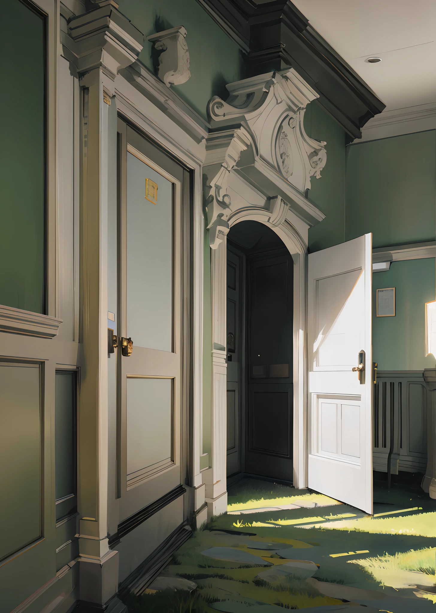 reddish、green grass、A black room with yellow doors