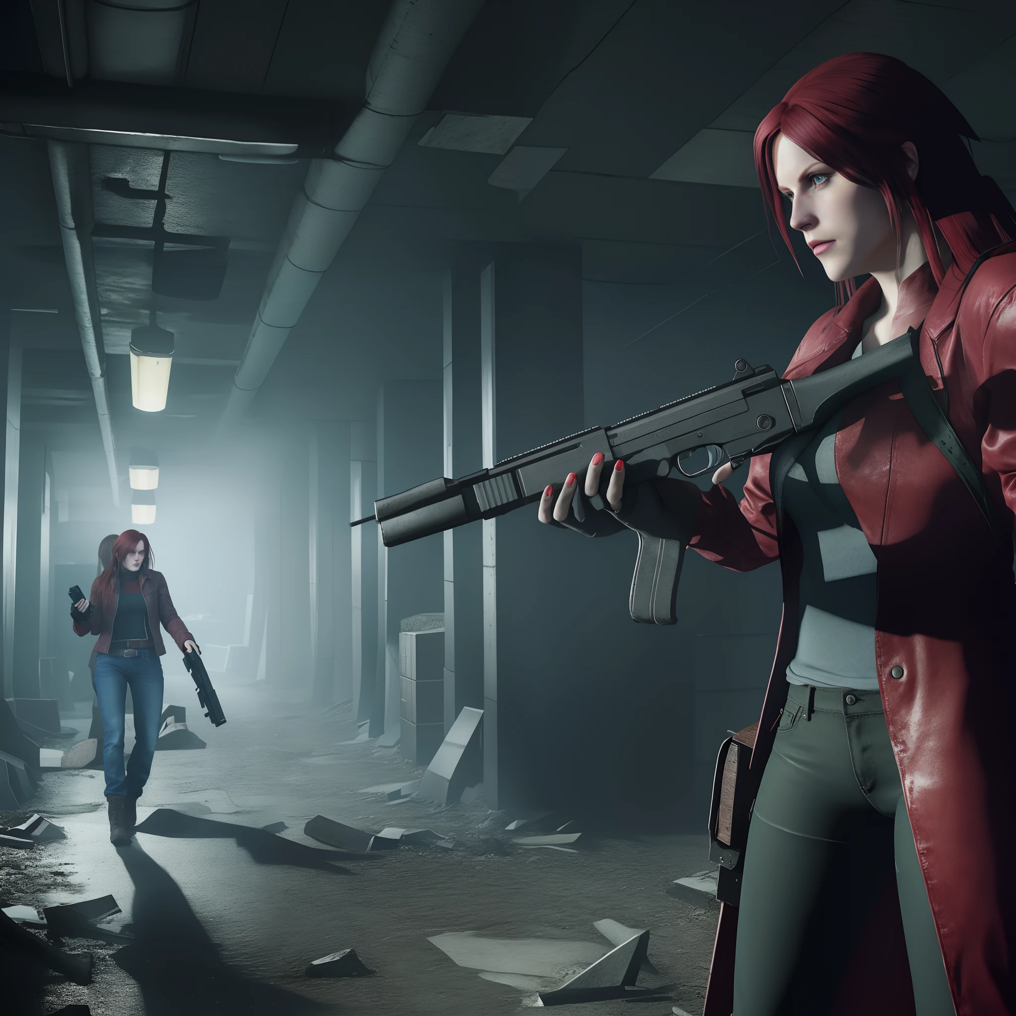 Claire Redfield 40 years old, beautiful face, shy, looking at viewer, very long red hair, perfect Face, black jeans, red long coat with black t-shirt, red nail polish, friendly face, glare, holding a gun