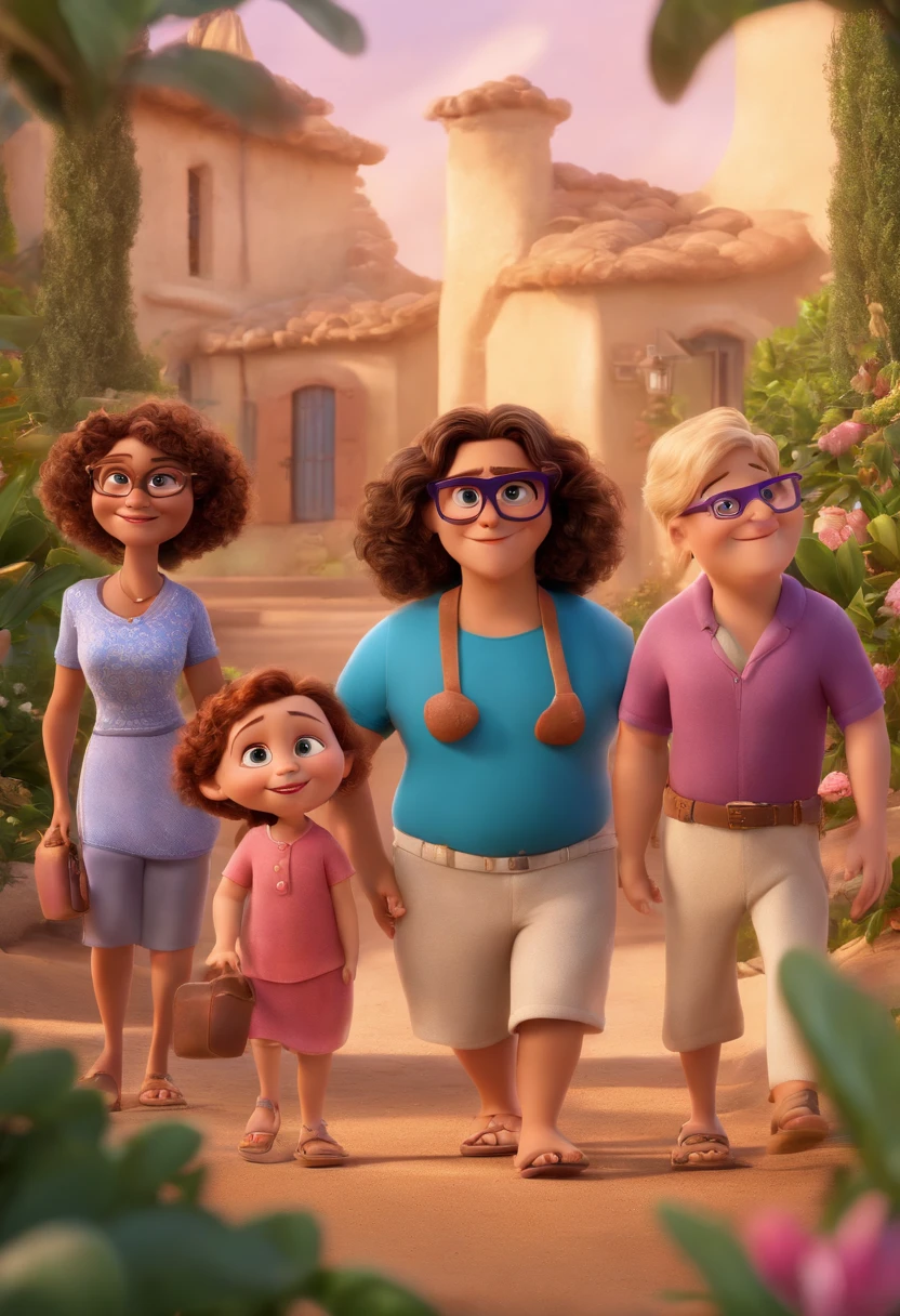 a Disney Pixar movie poster showing a white-skinned family. The father is the tallest, Tem barba curta, blue glasses, magro, cabelos curtos e espinhosos. The mother has brown eyes and hair, shoulder-length and is well overweight, Purple glasses. A menina tem 4 anos e cabelos loiros curtos, coque, roupa rosa. The background is a beach garden. 3D-rendering