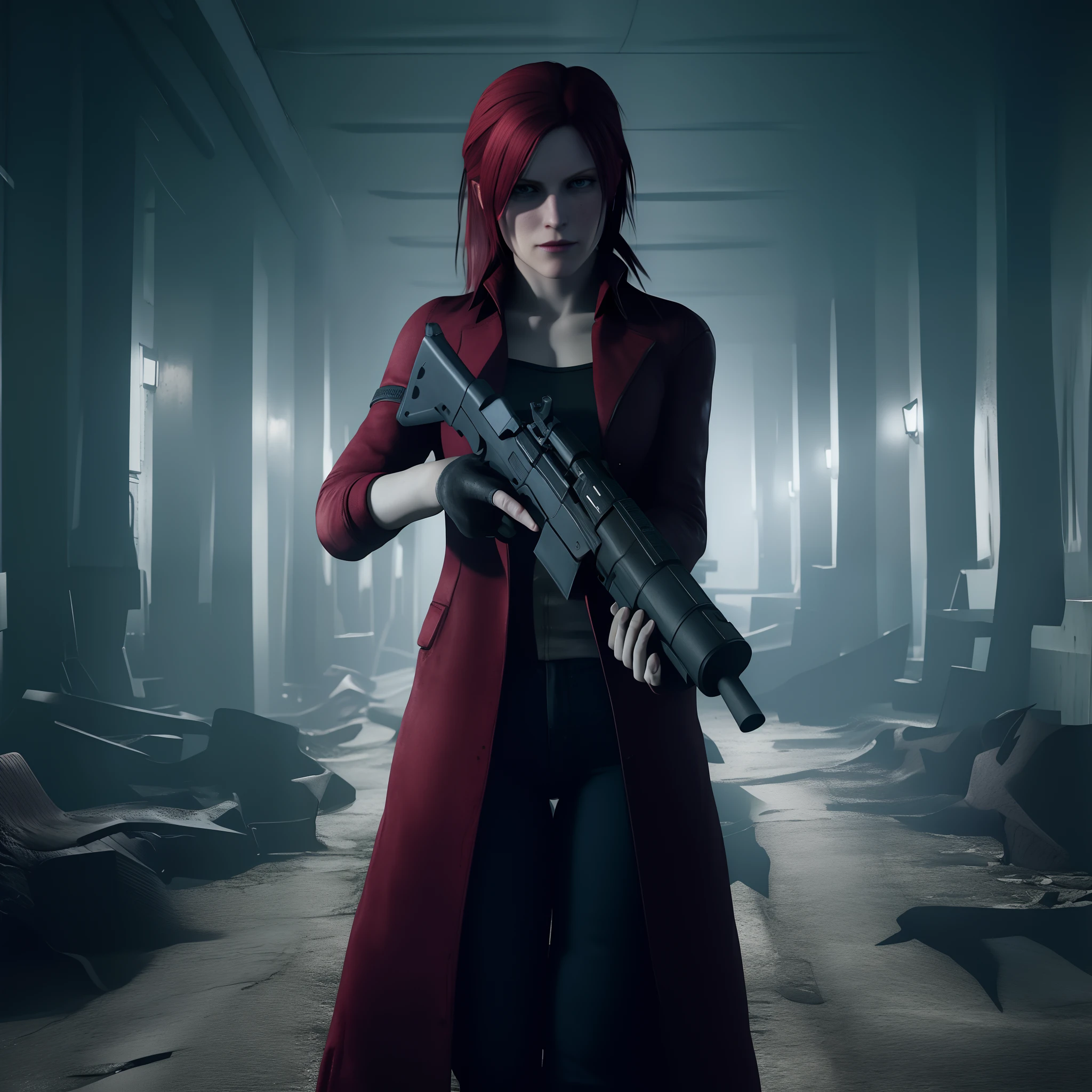 Claire Redfield 40 years old, beautiful face, shy, looking at viewer, very long red hair, perfect Face, black jeans, red long coat with black t-shirt, red nail polish, friendly face, glare, holding a gun