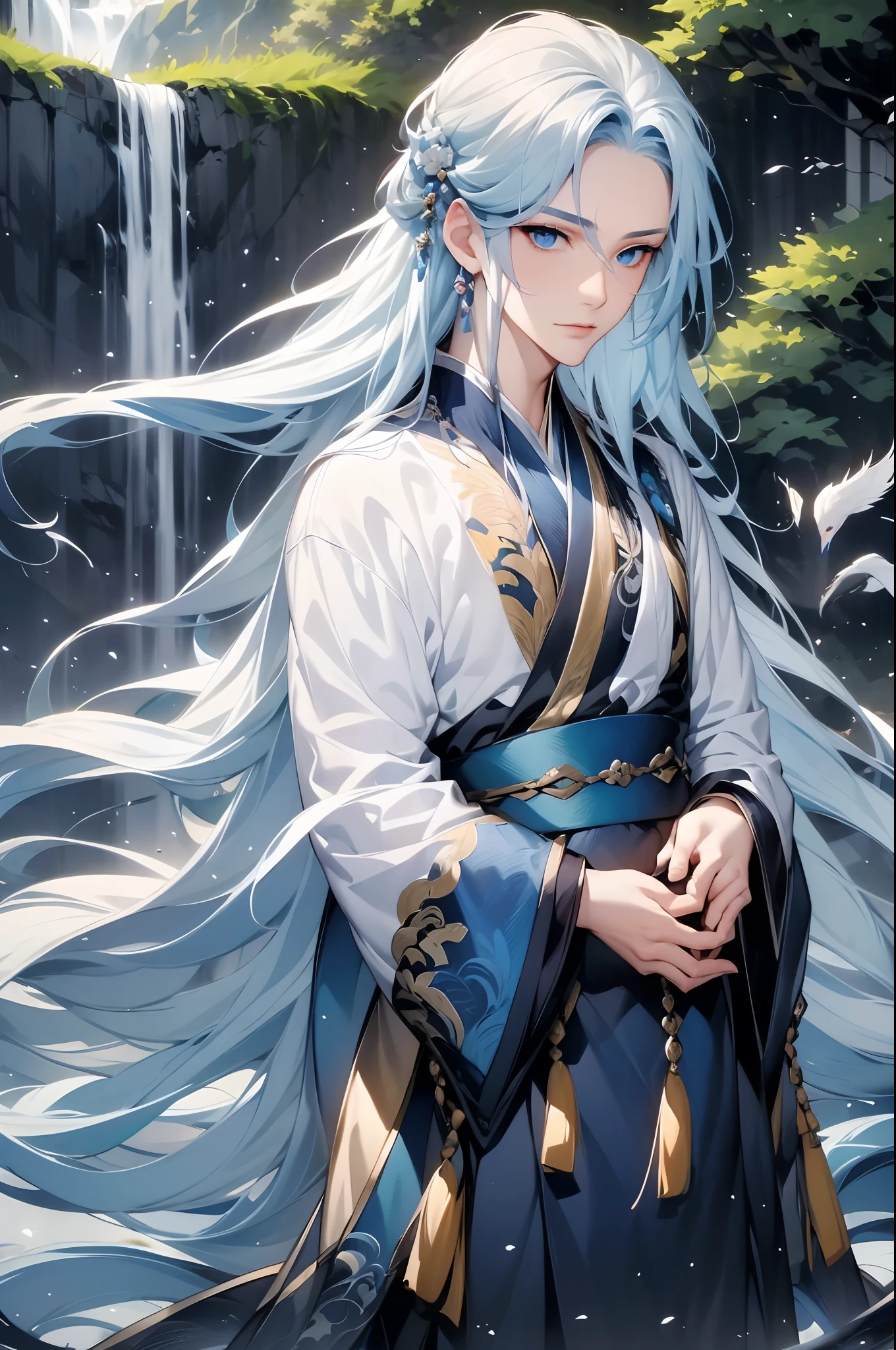 1boys, 独奏，long whitr hair, view the viewer, , Blue eyes, hair adornments,，mont，waterfallr，Crane，florals，The tree，florals，