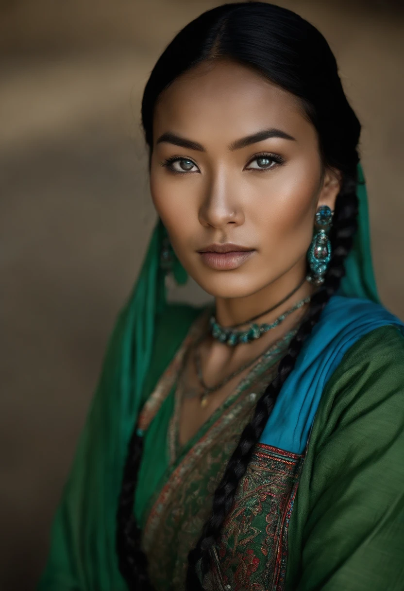 Portrait of a young Mongolian woman with bright blue eyes and a long black braid, dressed in a simple, worn green salwar kameez. Tattoos of mysterious words on her arms, neck, and hands.