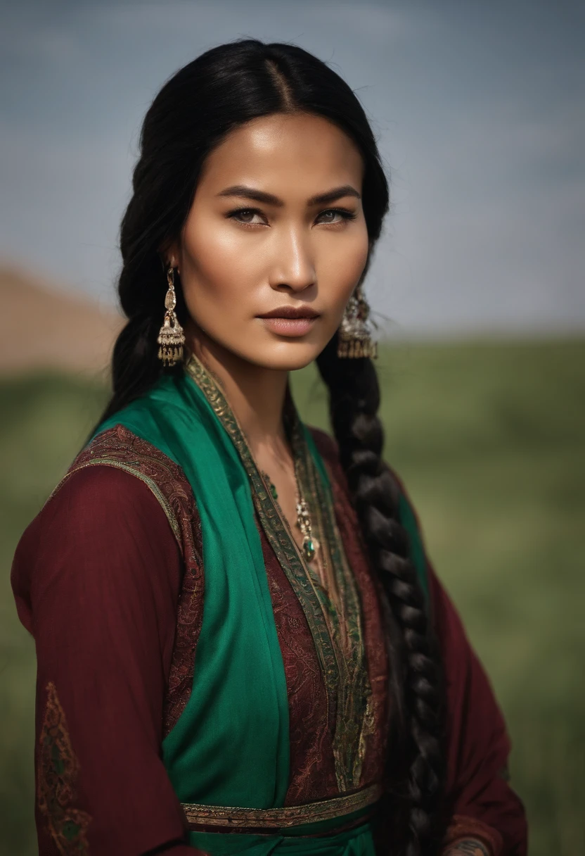 Portrait of a young Mongolian woman with bright blue eyes and a long black braid, dressed in a simple, worn green salwar kameez. Tattoos of mysterious words on her arms, neck, and hands.