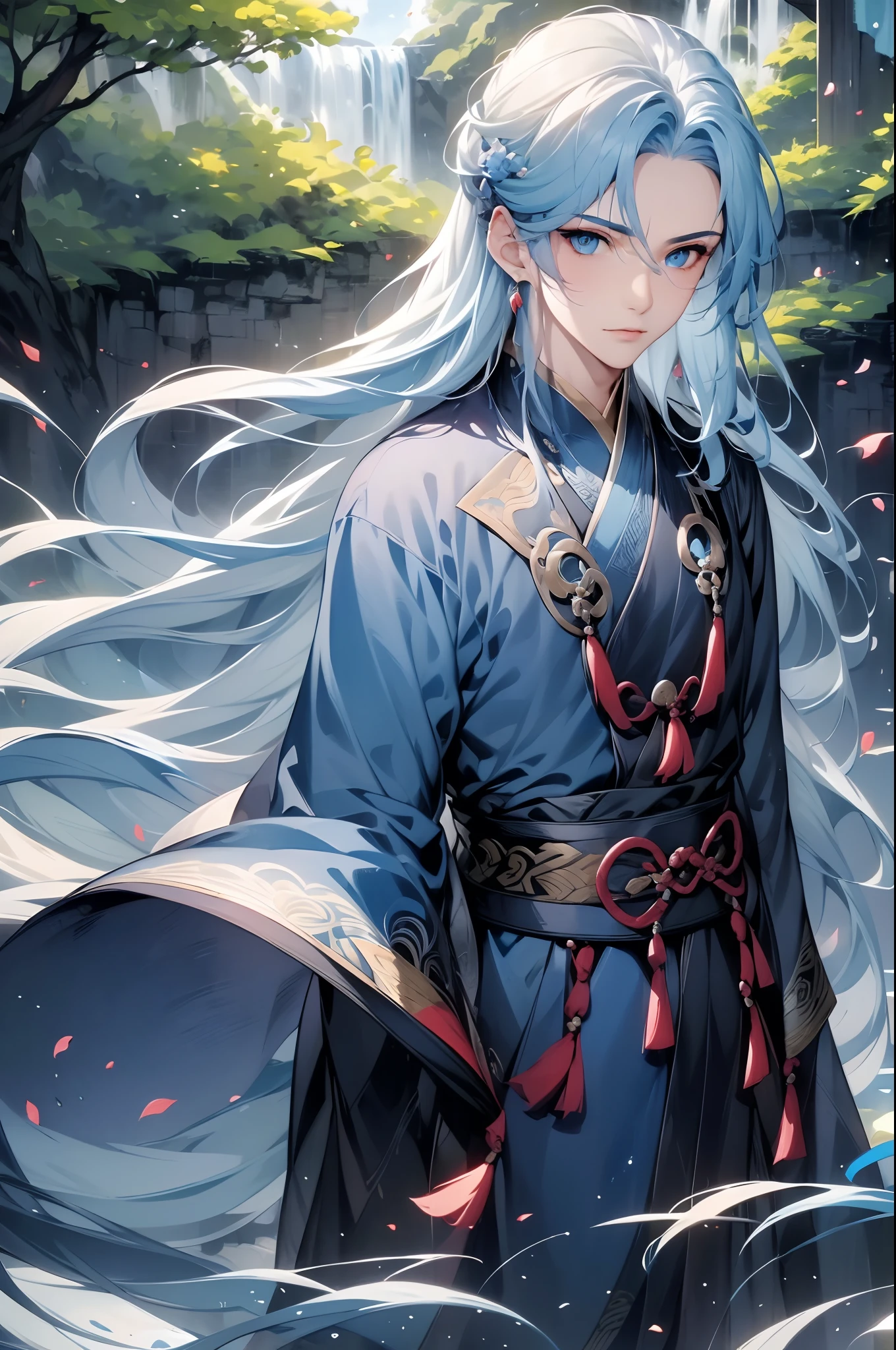 1boys, 独奏,long whitr hair, view the viewer, , Blue eyes, hair adornments,,mont,waterfallr,Crane,florals,The tree,florals,