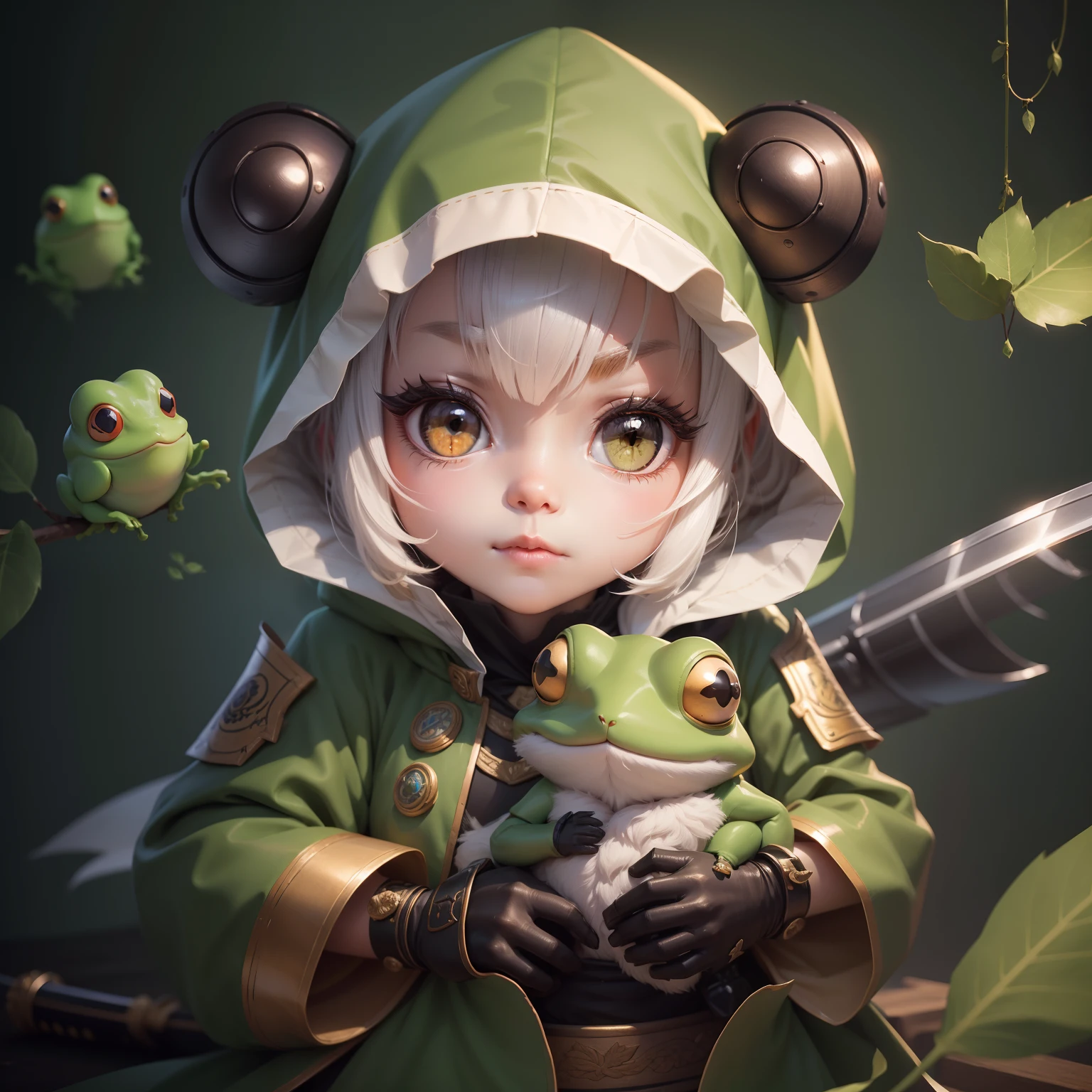 (On parchment paper, Characteristic Leaf), A full body shot, Long shot of cute green humanoid bandit frogs with bandana on their head, Character sheet of old parchment paper with 24K resolution, high detail, photo realism, Realistic sketch, Rough sketch, mix of bold dark lines and loose lines, bold lines, humanoid, centered, Focus on character, Large Samurai Sword, and automatons and fluffy rabbit feet, Рафф Баттл носит Visage Dusty Cute.