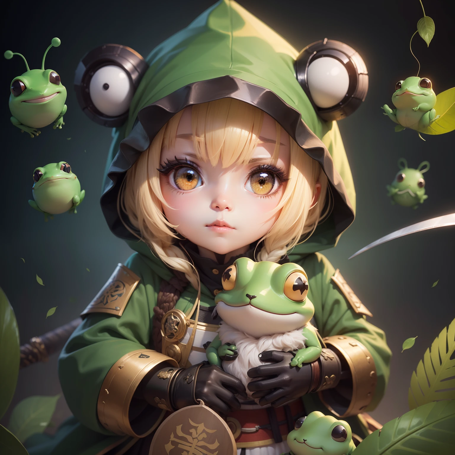 (On parchment paper, Characteristic Leaf), A full body shot, Long shot of cute green humanoid bandit frogs with bandana on their head, Character sheet of old parchment paper with 24K resolution, high detail, photo realism, Realistic sketch, Rough sketch, mix of bold dark lines and loose lines, bold lines, humanoid, centered, Focus on character, Large Samurai Sword, and automatons and fluffy rabbit feet, Рафф Баттл носит Visage Dusty Cute.