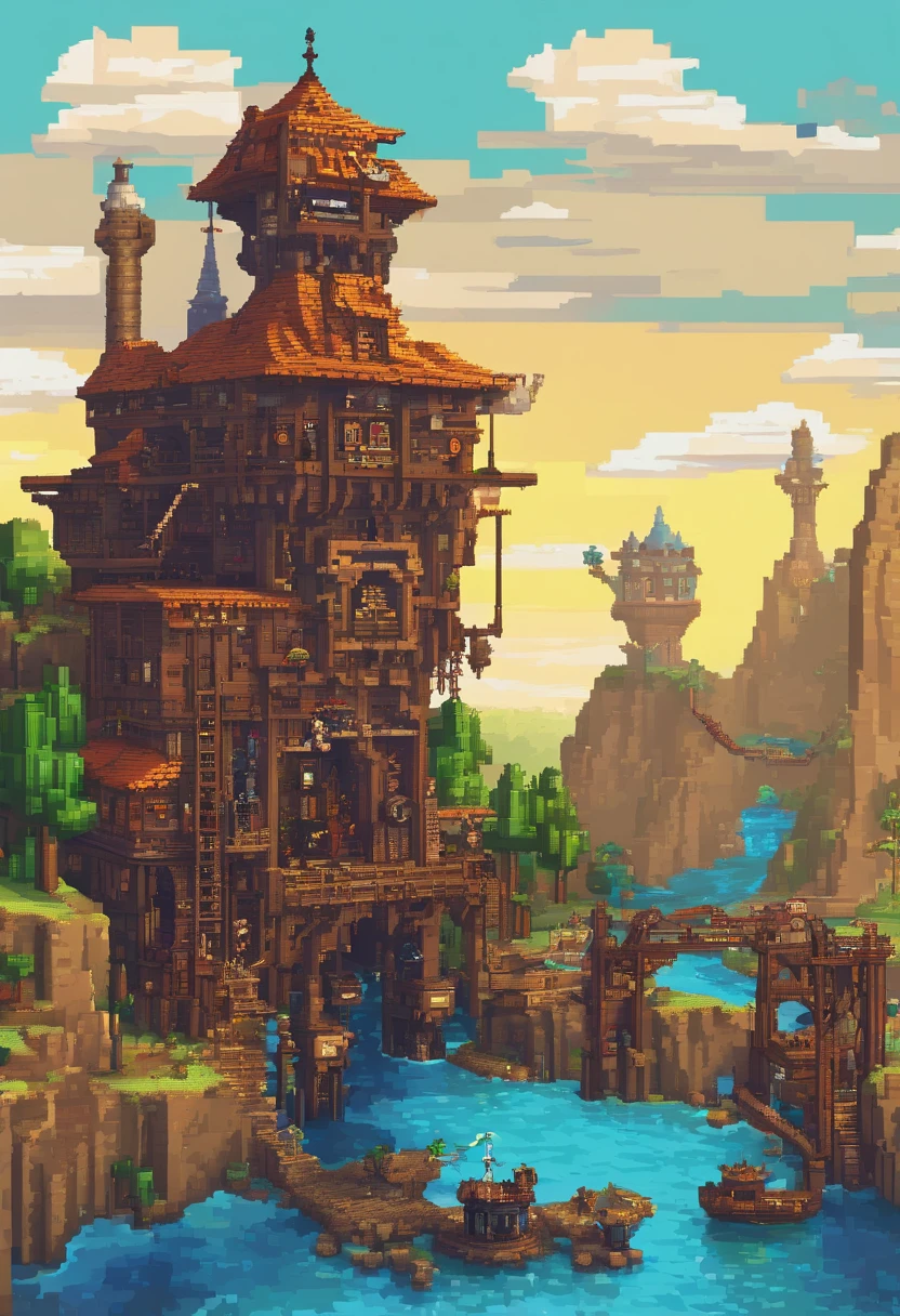 Fantasy world, Wonderful, Full of fantasy and fiction, Coloring, Low light, Medium brightness (Perfect work of art), The landscape presents themes of beauty and fantasy, Beautiful,Large gears,The Age of Steam,steampunc,steam locomotive,Smelting furnace,pouring,bf,(minecraft),Large watermills,Large windmills,Machinary,impetus,stress,velocity,conveyor belt,Copper tubes,embrassed,Andesite,gear wheel,cast iron,Engineer Hammer