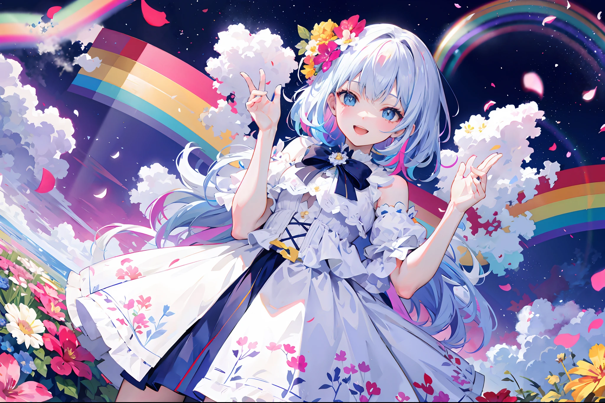 flower in hands,;D, rainbow backgraund