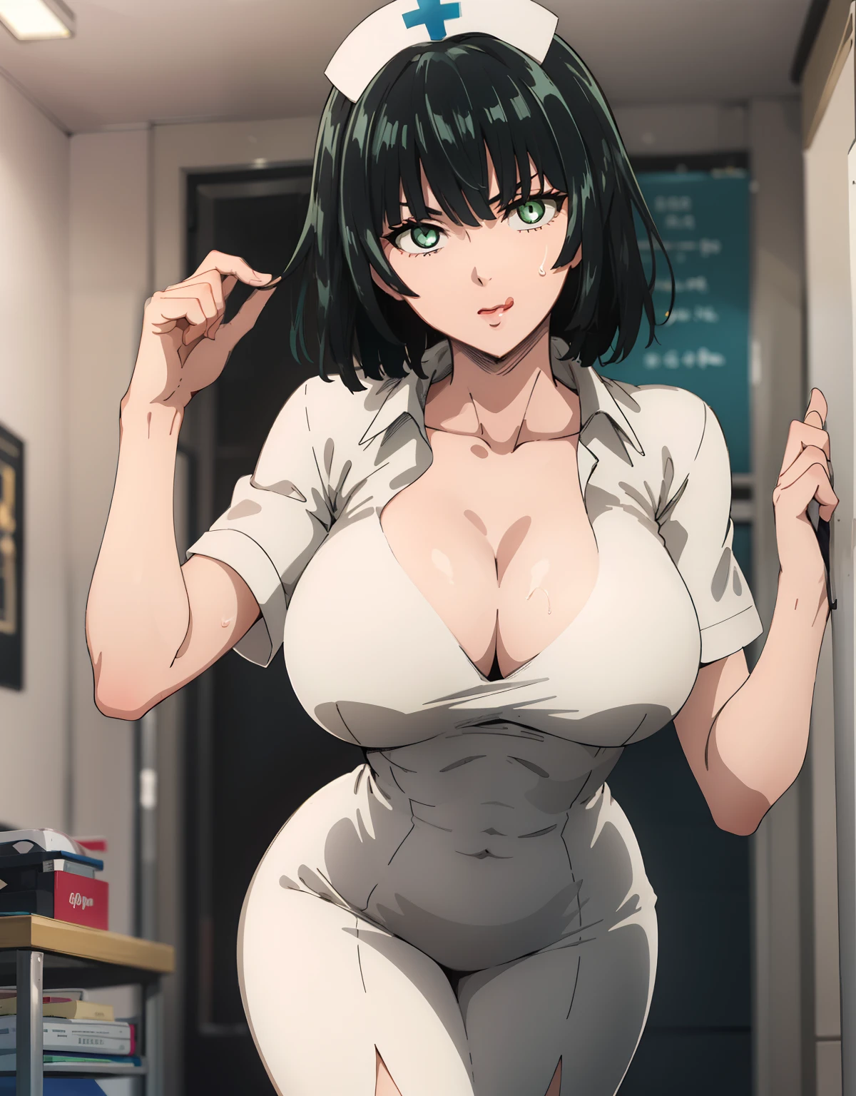 (Best Quality, Masterpiece),sexy mommy,  erotic, 18+, nsfw, 1girl, 30 years old, Contempt, hourglass figure, sexy nurse, short black hair,green detailed sparkling eyes, (hospital), cleavage, leaning forward, standing, (white outfit), mouth opened, (((tongue out))), yawning