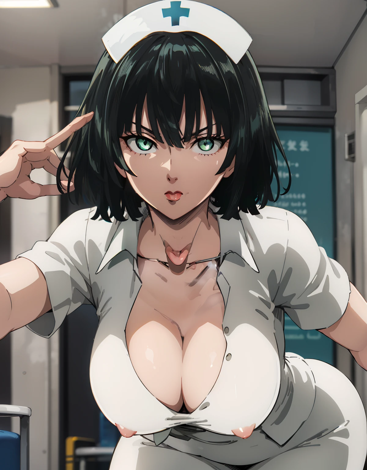 (Best Quality, Masterpiece),sexy mommy,  erotic, 18+, nsfw, 1girl, 30 years old, Contempt, hourglass figure, sexy nurse, short black hair,green detailed sparkling eyes, (hospital), cleavage, leaning forward, standing, (white outfit), mouth opened, (((tongue out))), yawning