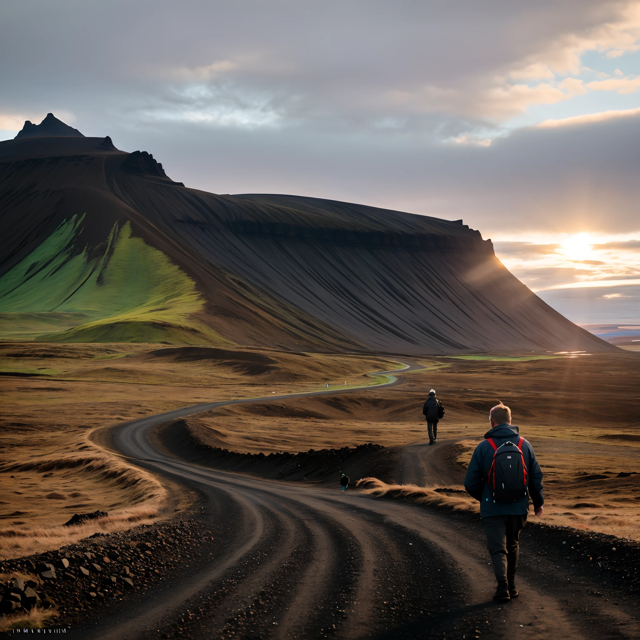 There were two people walking on a dirt road in the mountains, iceland hills in the background, iceland photography, an icelandic landscape, iceland landscape, iceland landscape, unsplash contest winning photo, iceland landscape photography, sci-fi of iceland landscape, icelandic valley, iceland, author：Johannes Voss, eftir Hallsteinn Sigurðsson, by Daniel Seghers