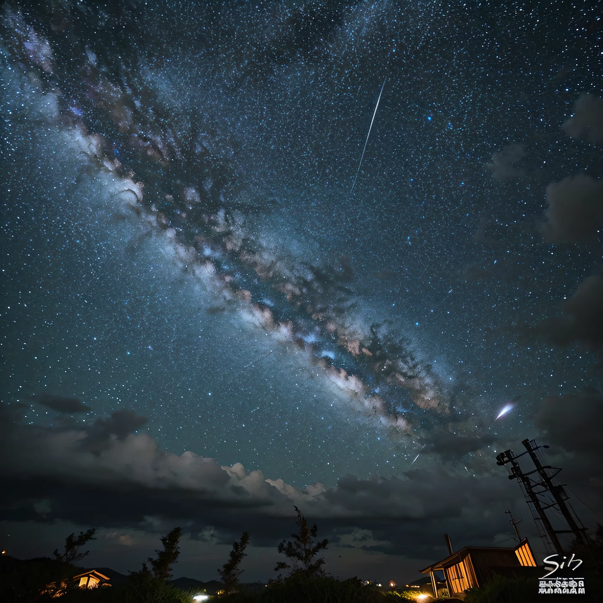 masutepiece、top-quality、Photorealsitic、A hyper-realistic、You can see a lot of big shooting stars crossing the night sky on a starry night