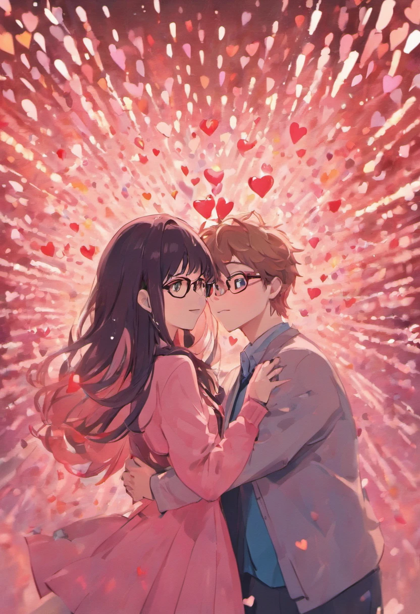 Happy Birthday Illustrative Image Having Pink Hearts And Orange Hearts , y al final diga "te quiero mucho My querida Pou " and a young couple hugging each other, the teenager with glasses and the Nice with curly hair