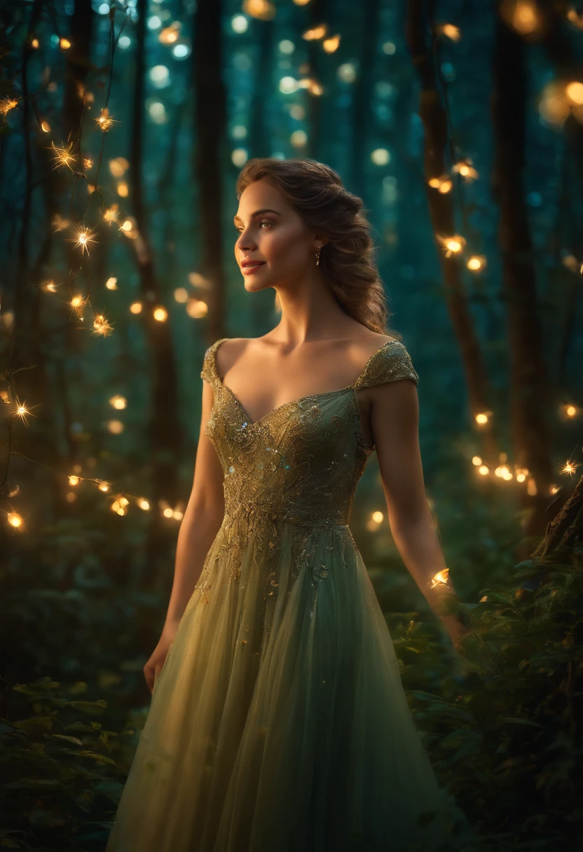 1girls, ,,Simper smile, High-definition image, a woman, her hair adorned with glowing fireflies, eyes shimmering with enchantment. Dressed in a gown made from woven moonlight, she stands in a mystical forest where trees come to life. The scene, bathed in the ethereal glow of the fireflies, captured in the style of a magical forest artwork., (masterpiece, best quality, official art,intricate details:1.2)