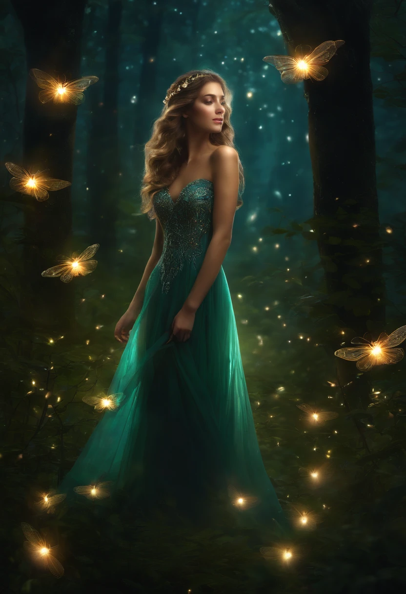 1girls, ,,Simper smile, High-definition image, a woman, her hair adorned with glowing fireflies, eyes shimmering with enchantment. Dressed in a gown made from woven moonlight, she stands in a mystical forest where trees come to life. The scene, bathed in the ethereal glow of the fireflies, captured in the style of a magical forest artwork., (masterpiece, best quality, official art,intricate details:1.2)