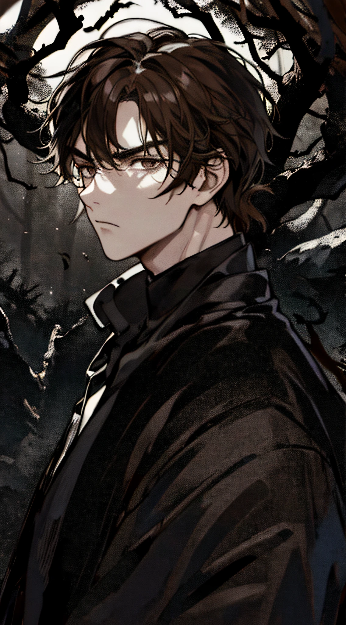 An anime cover, 1 man, Portrait, Coarse brown hair, Brown eyes, Thick black eyebrows, intimidating expression, Foggy forest in the background, Mist, view the viewer, Dark atmosphere