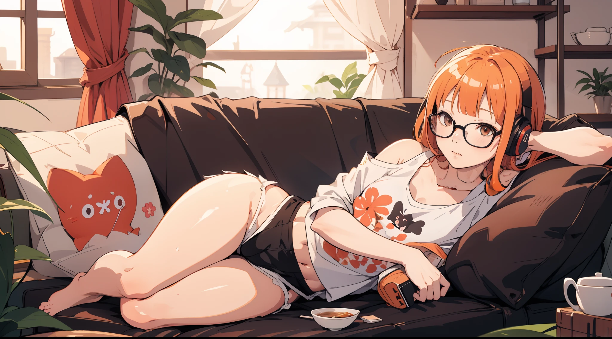 masutepiece, Best Quality, hight resolution,orange color hair、
1girl in, futaba sakura, Blunt bangs, Glasses, black-framed eyewear, Ahoge, Small breasts,
Glasses,  headphones, behind-the-head headphones, White off-the-shoulder shirt 、Shorts, thighs thighs thighs thighs,barefoot
 Cowboy Shots,Golden Hour 1 Black Cat、tea shop、Sleep on the sofa