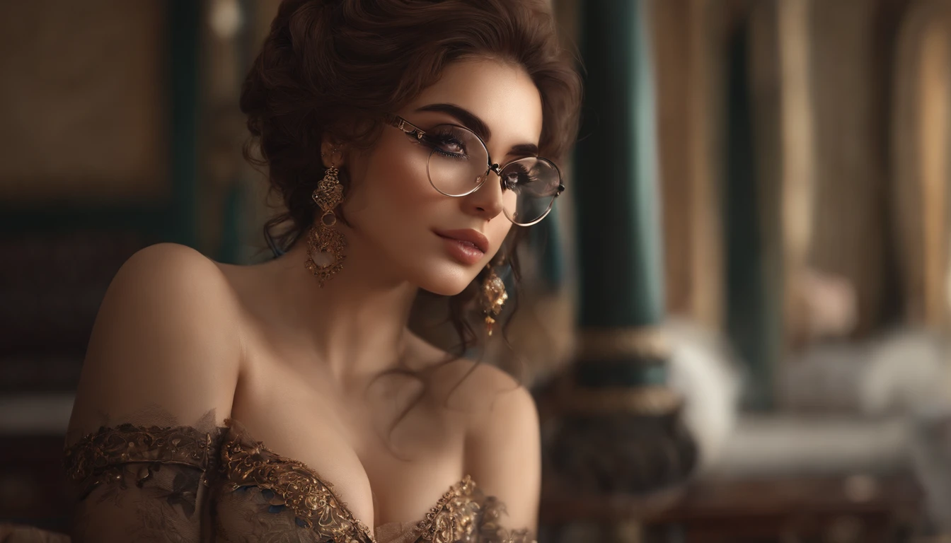 arab, girl, sexy looks, tattoos, beautiful, ahegao, glasses, curly, highly detailed face ,8k brown hair, intricate, elegant, highly detailed, majestic, delicate beautiful eyes: 1.2)((Masterpiece, best quality,edgQuality)) , eye shadow ,wet, body, blushes