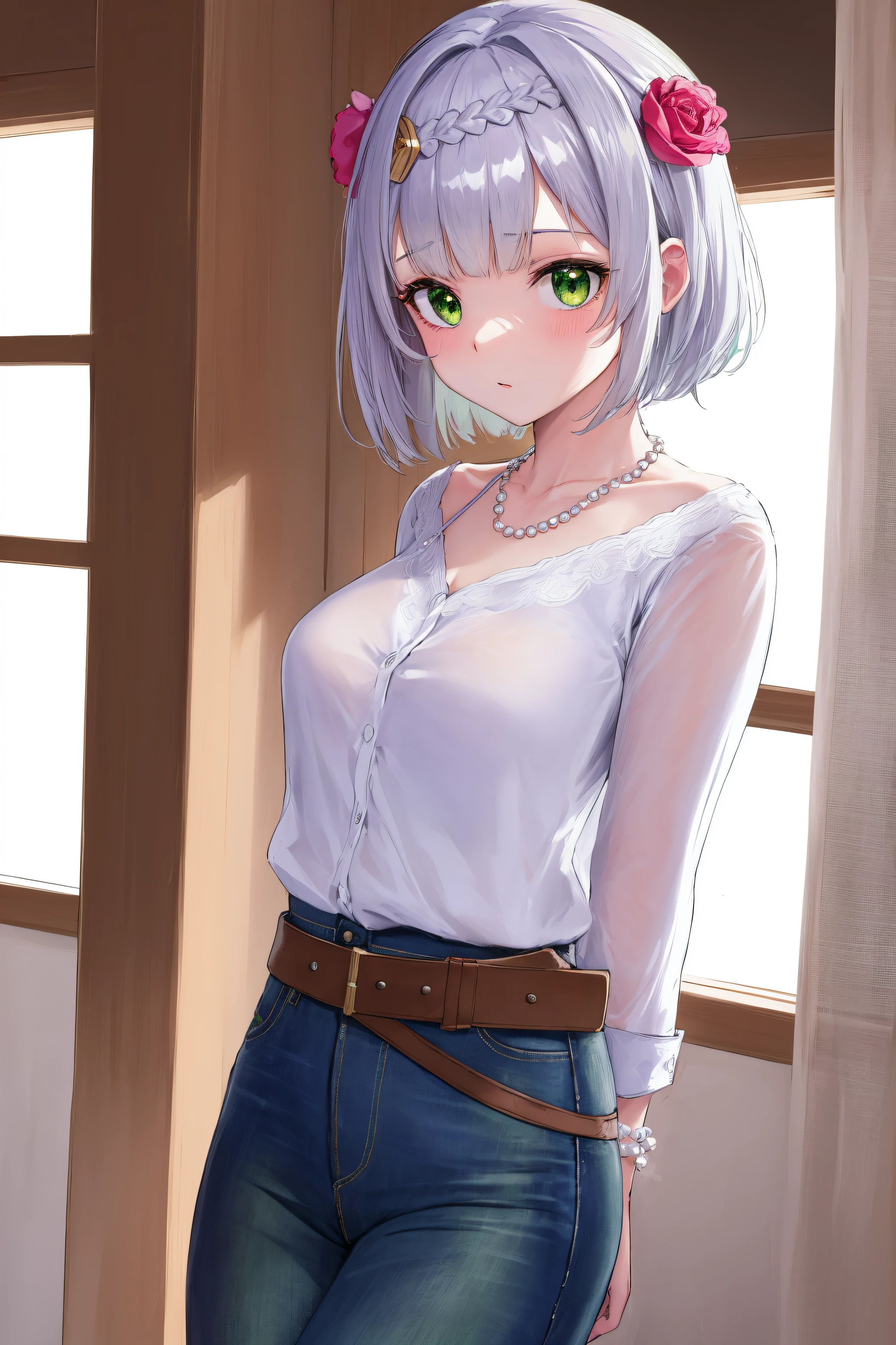 genshinnoelle, noelle, braid, flower, hair flower, hair ornament, short hair, silver hair, (green eyes:1.5),
BREAK belt, jeans, pearl_necklace, bracelet, black gloves, white shirt,
BREAK indoors, laboratory,
BREAK looking at viewer, (cowboy shot:1.5),standing, leaning forward, (arms behind back:1.2),
BREAK (masterpiece:1.2), best quality, high resolution, unity 8k wallpaper,NSFW ,(illustration:0.8), (beautiful detailed eyes:1.6), extremely detailed face, perfect lighting, extremely detailed CG, (perfect hands, perfect anatomy),