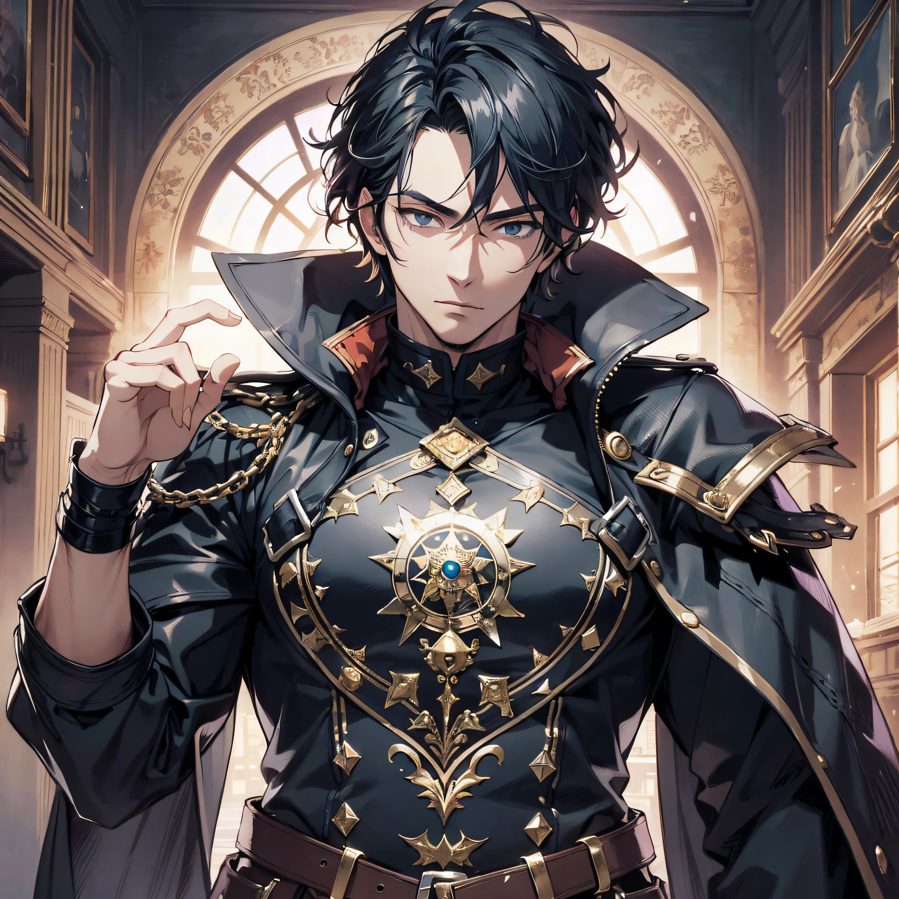 (absurderes, A high resolution, Ultra detailed), Masterpiece, Best quality, The spell returns to Gojo Satoru, Handsome, finely eye and detailed face,black greatcoat, full bodyesbian, Real Shadow, Look away