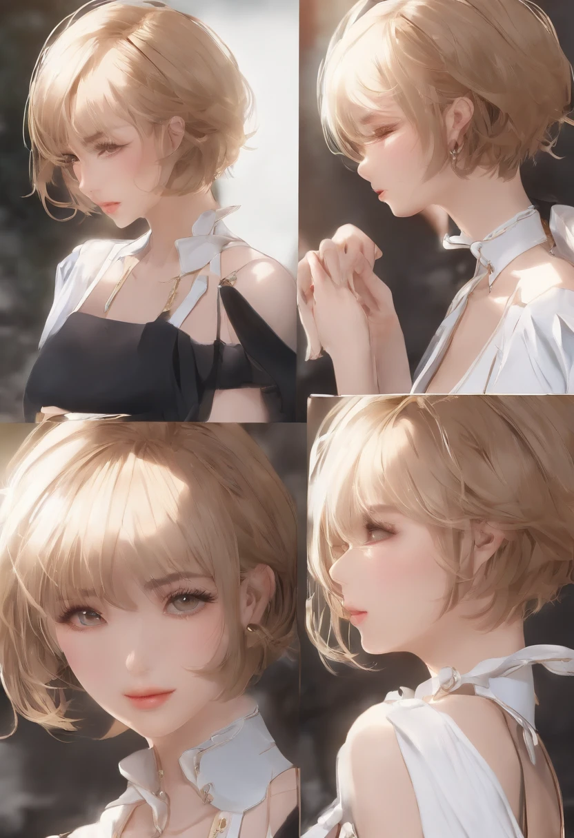 ((best qualtiy、8K、​masterpiece:1.3))、女の子1人、Beautiful woman with slender abs:1.3、(Short hair、huge tit:1.2)、hyperdetailed face、Detailed eye、二重まぶた、White background