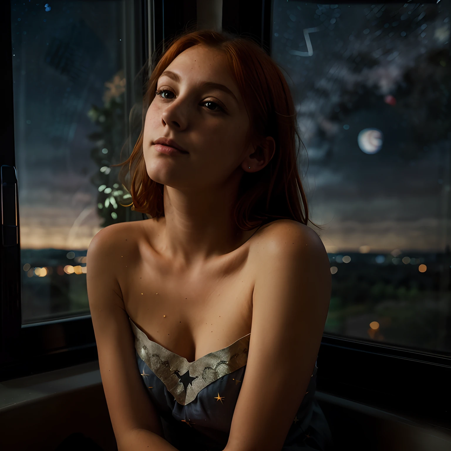 Portrait, dreamscape, (woman sitting at empty window looking at stars), (looking wistfully) , (friendly face) , orange hair, freckles, cute nose, 1girl, green eyes, soulful eyes, ((starry sky)) , Masterpiece, best quality, detailed, (Photorealistic) , perfect hands, woman looking up at stars, (midnight) , (leaning on window frame) , slight smile on her face,((looking outside)) , (turned to side) , leaning out window, (countryside) , perfect face, (focus on shoulders and above),, dark shading,, shadows, (((low angle shot))), leaning on elbow, camera in front of her, (camera looking up), ((looking away)), (stars in sky) , 1girl,