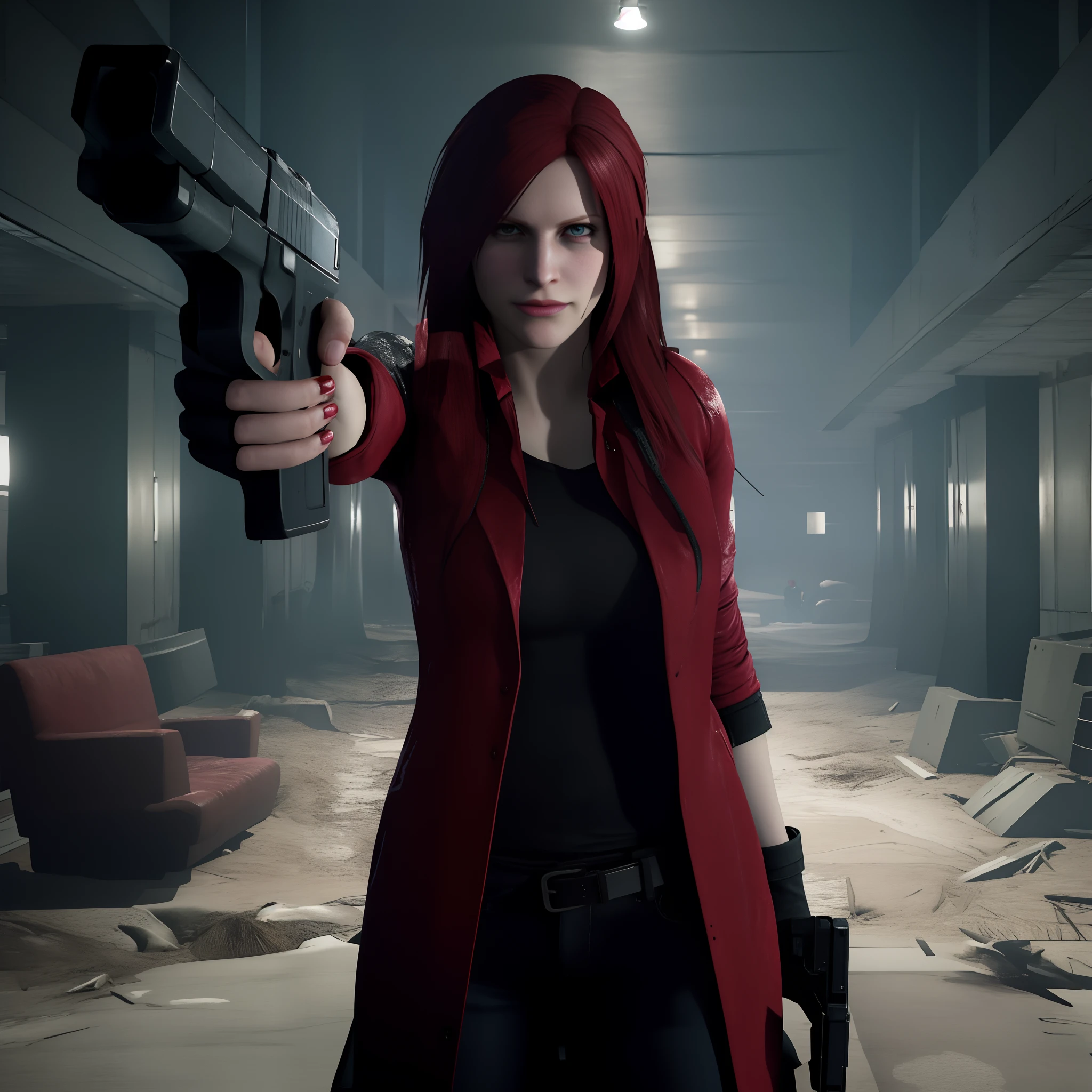 Claire Redfield 40 years old, beautiful face, shy, looking at viewer, very long red hair, perfect Face, black jeans, red long coat with black t-shirt, red nail polish, friendly face, glare, holding a gun