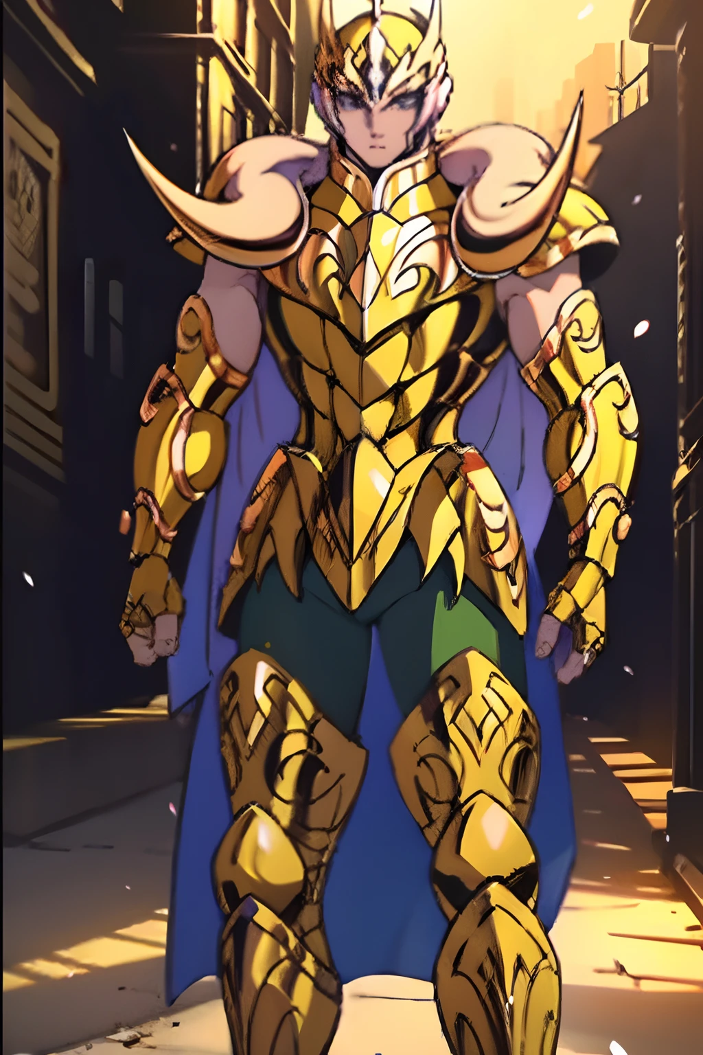 home usando uma armadura de ouro, he's standing. corpo inteiro