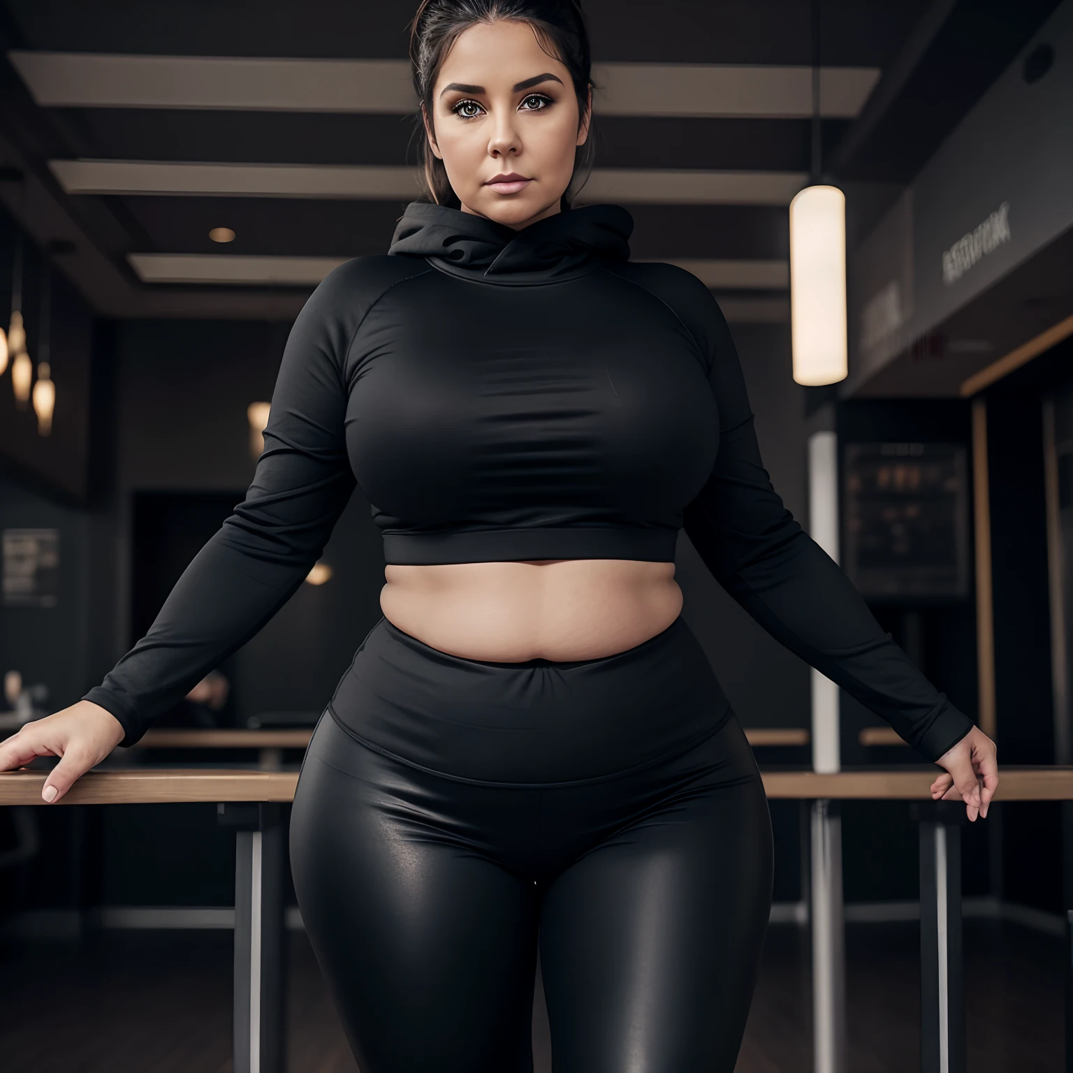 48-year-old woman, SSBW, extremely obese, (obese belly):1.6, (obese legs):1.5, fat rolls, fat woman, fat figure, wearing tight leggings and a hoodie standing in a fast food restaurant, wide hips, large thighs, thick female, thick thighs, she has a jiggly fat round belly, black leggings, leggings, black spandex, thick thigs, black extremely tight jeans, black leggings, very big booty, wearing black tight clothing, best quality, cinematic lighting, detailed background, beautifully detailed eyes, seductive face, look at a camera, ponytail hair, 48 yo, soft volumetric lights, intricate details,