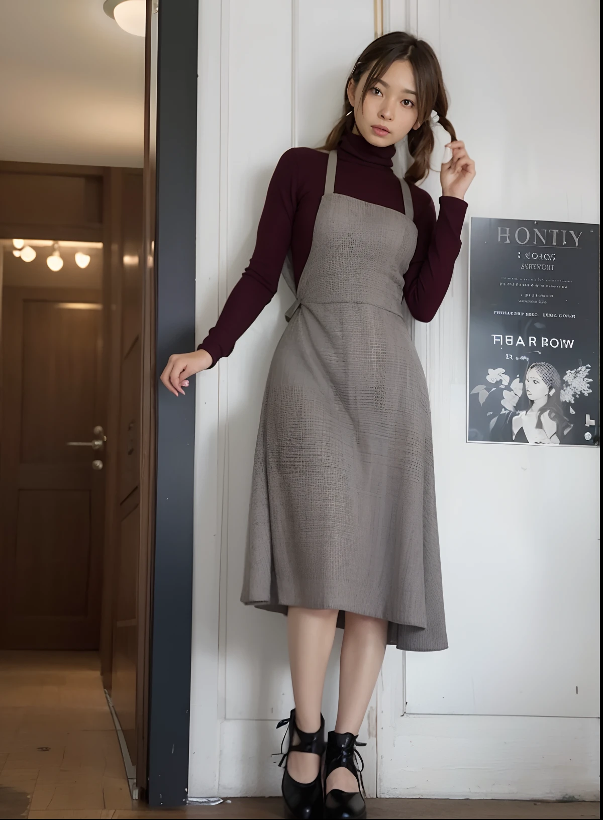 Araphedo woman in grey dress and purple turtleneck, material is!!! plum!!!, long dress female, long dress with apron, World War II era, femme, jimin, Cute:2, 1 9 2 0 Cloth Style, dressed with long fluent clothes, sha xi, irregular, portrait full body, fully body photo, fully body photo、1womanl，22 years old，Super adorable，flat-chest ，((is standing、bending forward、looking-down、frombelow、Spreading hands)),Exposure， 独奏，（Background with:park bench、along the river） Feel free to hairstyle，Lowering your stride and urinating，legs are open，Seen from the front，low twintails、（（（tmasterpiece），（Very detailed CG Unity 8K wallpaper），best qualtiy，cinmatic lighting，Meticulous background，beatiful detailed eyes，Bright pupils，Brown-eyed（Very fine and beautiful），（Beautiful and detailed eyes description），ultra - detailed，tmasterpiece，）），hight resolution，ultra - detailed）nakeness，with no underpants，Camel toes，lewd expression，flushed complexion，Bocchi，frontage，
