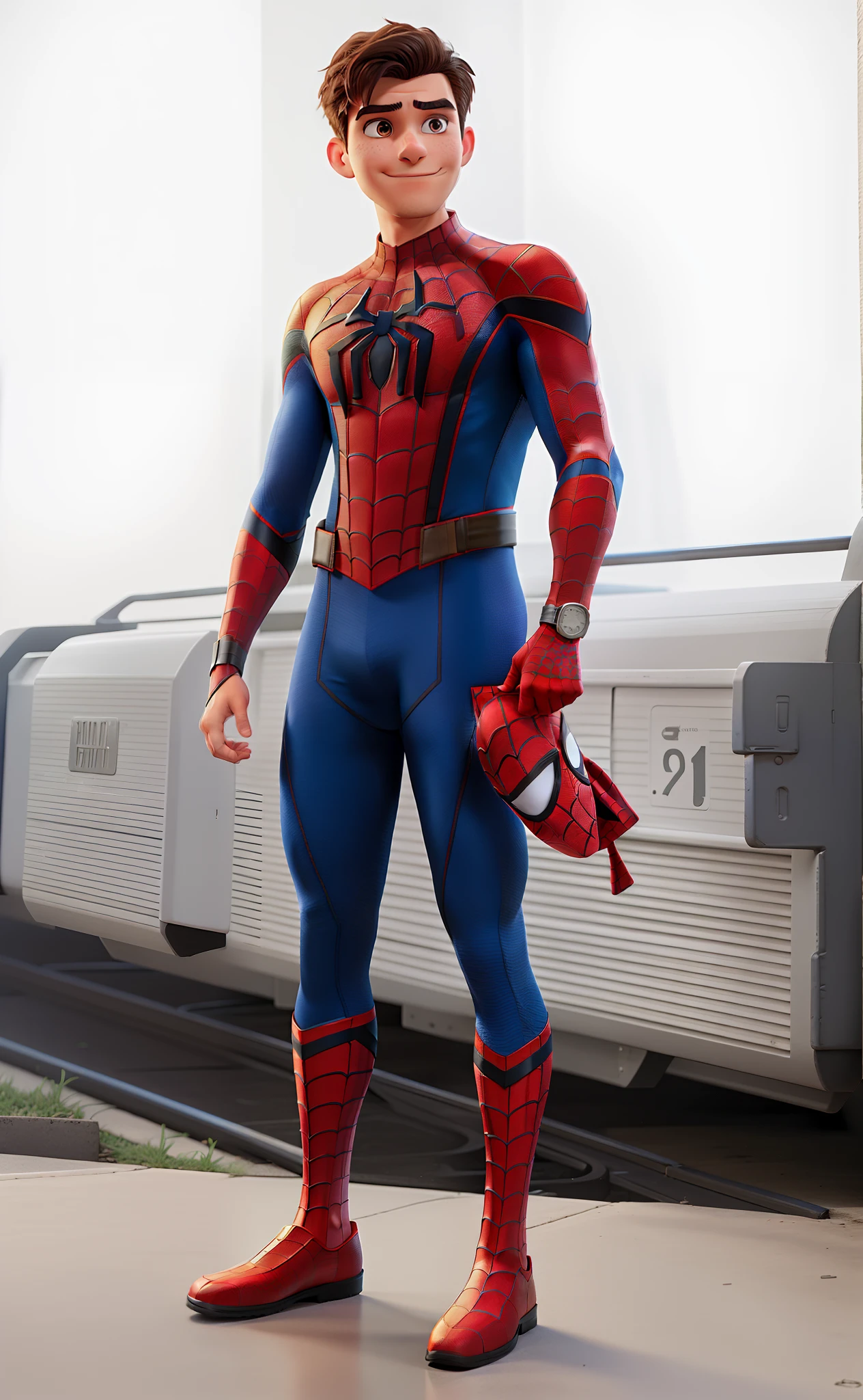 Man dressed in spider-man uniform holding a mask