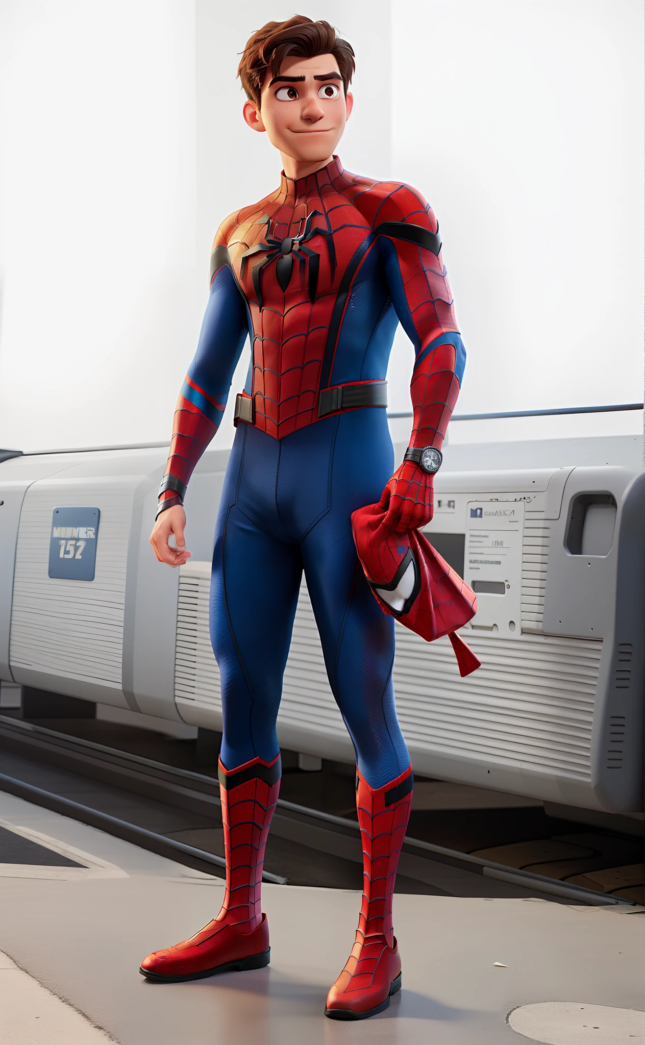 Man dressed in spider-man uniform holding a mask