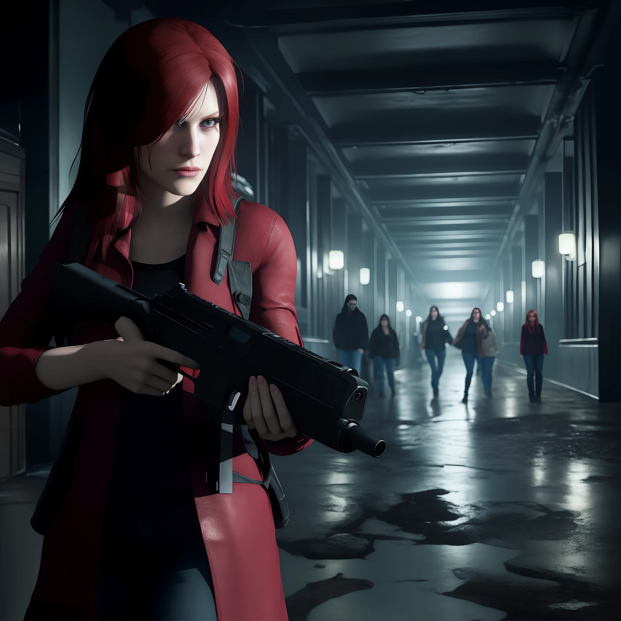 Claire Redfield 40 years old, beautiful face, shy, looking at viewer, very long red hair, perfect Face, black jeans, red long coat with black t-shirt, red nail polish, friendly face, glare, holding a gun