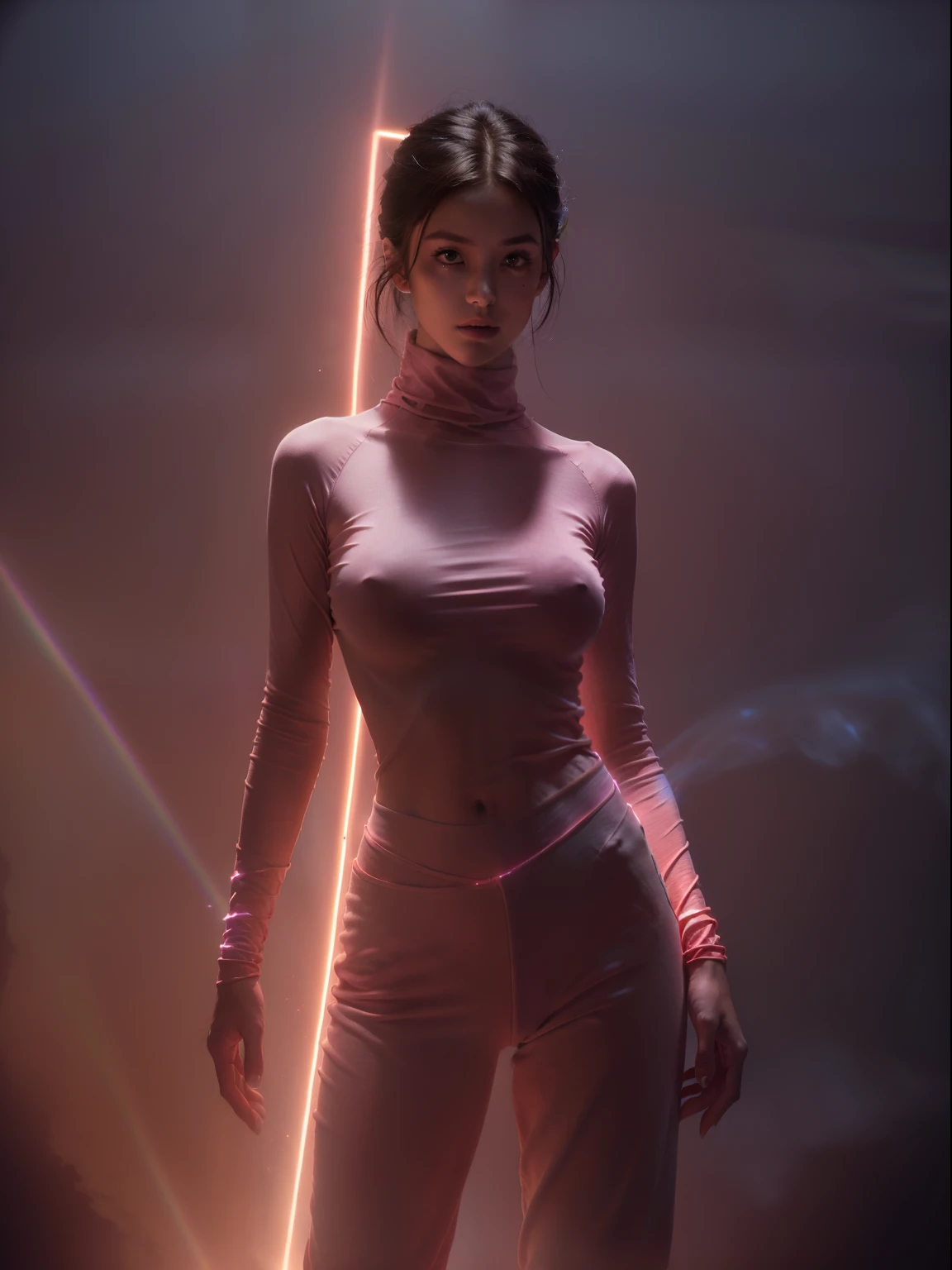 Enigmatic Atmosphere, Atmospheric, Ethereal quality,Realistic,Beautiful and aesthetic,, Solo,groin,Pink turtleneck, Brown pants,(NSFW:0.85),, democracy,, power station,, (glowing ambiance, enchanting glow, luminouslighting, Ethereal atmosphere, A mesmerizing glow, evocative hues, captivating coloration, Dramatic lighting, Enchanting aura),