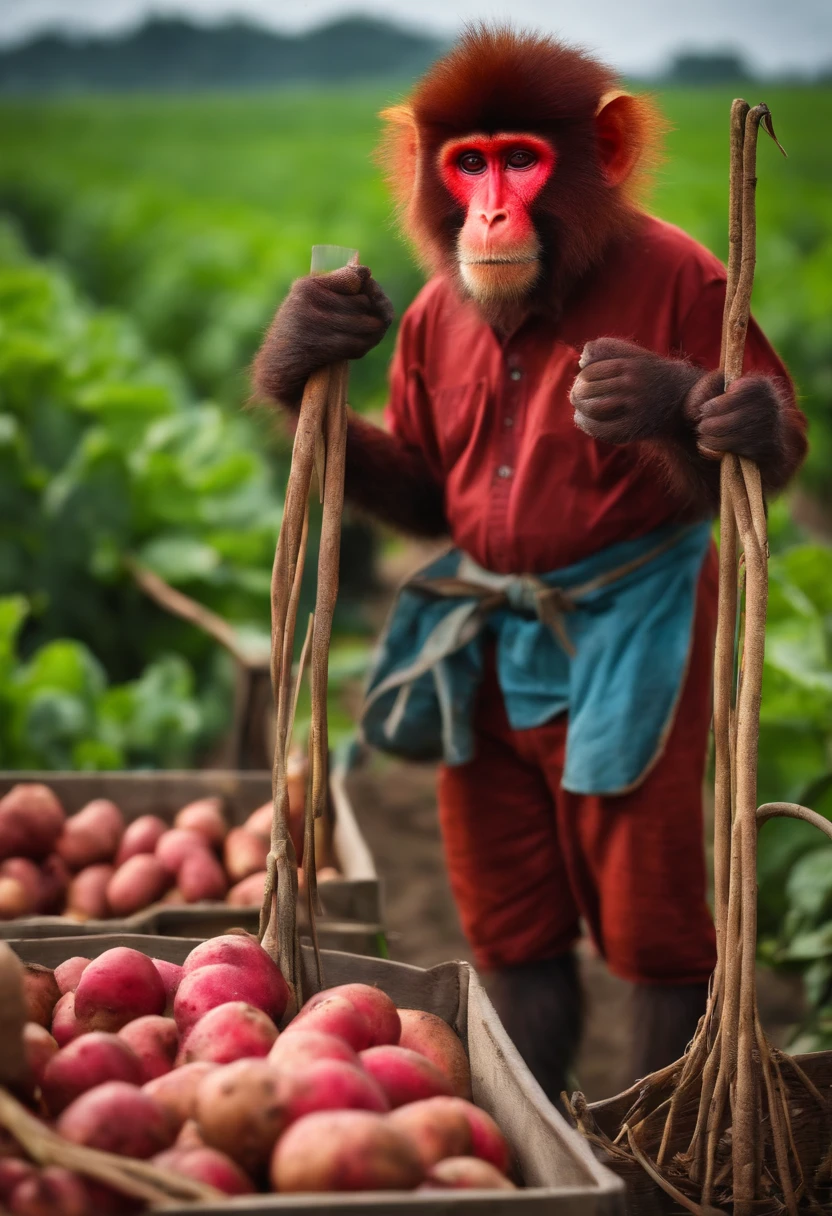 red monkey potato farmer who has pitchfork