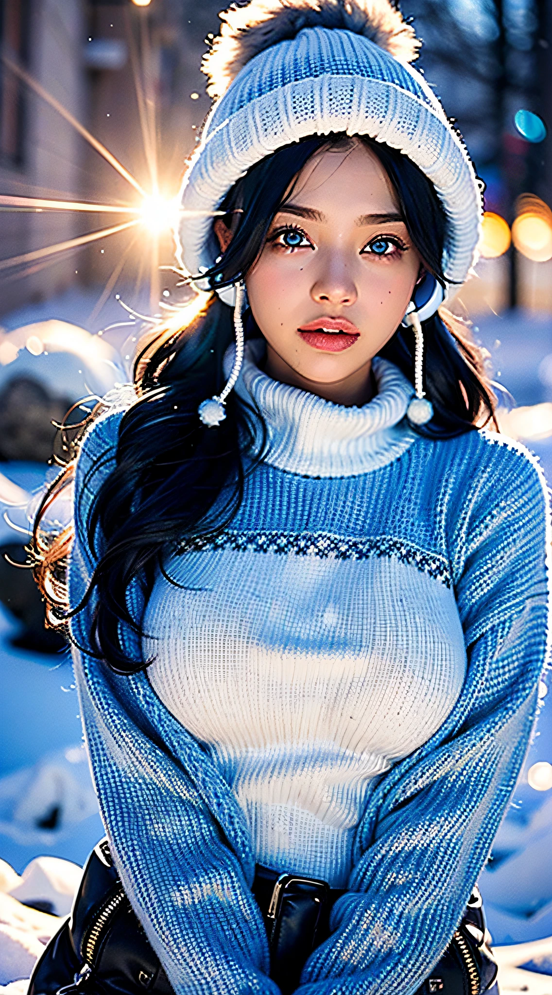A beautiful young woman, a cute Korean young woman, long white hair, beautiful eyes, charming smile, red lips, large, well-shaped breasts. Standing naked in the snow Long, slender legs, no clothes on, naked, voluptuous, lying naked, legs spread, seductively in the snow.