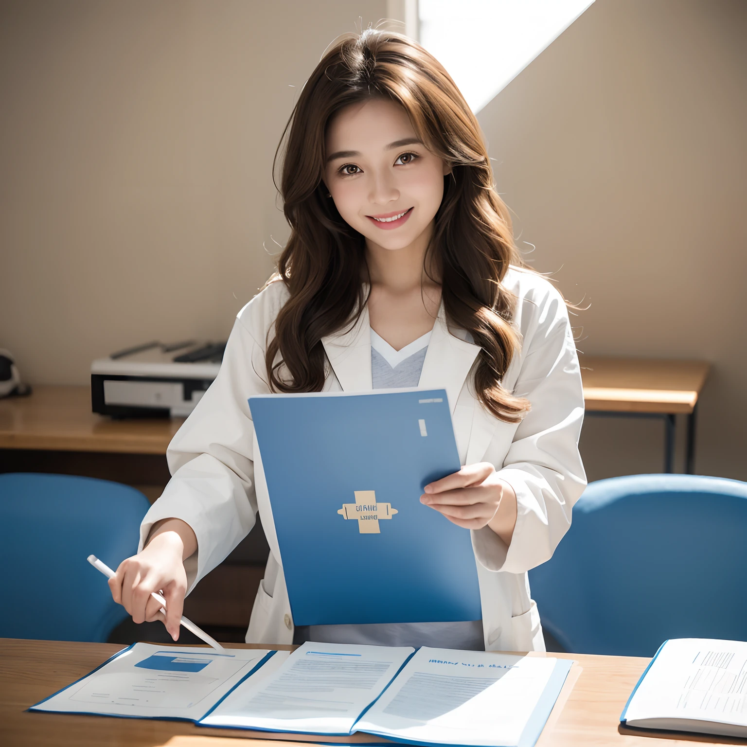 Girl with long brown hair and slightly curly Girl in white lab coat Laboratory background Sunlight oblique holding blue medical record folder Confident smile Stick figure