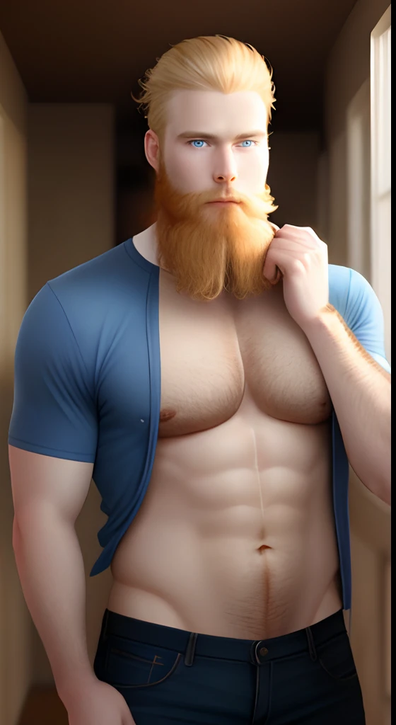 Blond hair, blue eyes, tall young man, broad, thin, red beard, 36 year old