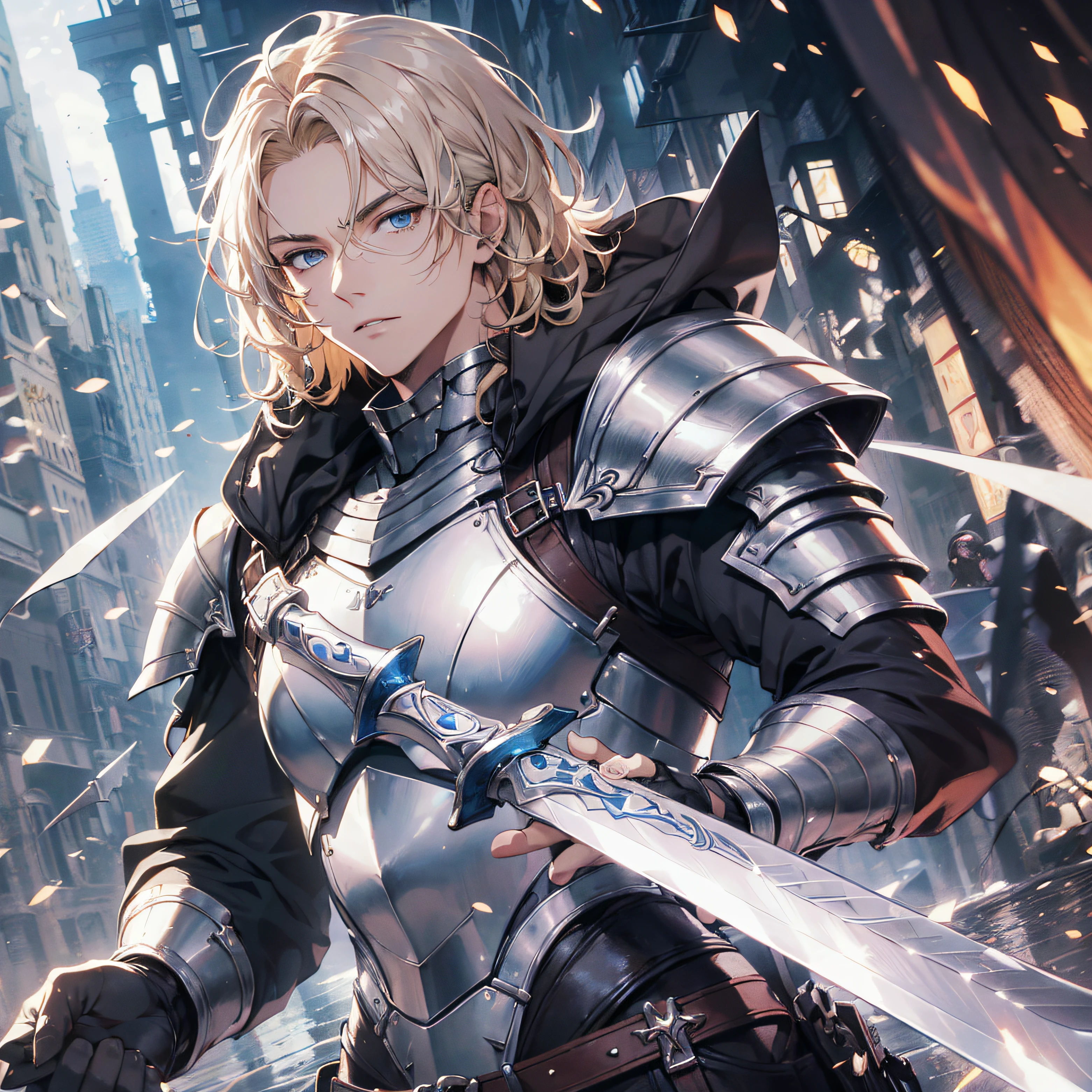 (absurderes, A high resolution, Ultra detailed), Masterpiece, Best quality, Blonde hair,Blue eyes, Handsome, finely eye and detailed face,Raise your sharp and handsome sword,Silver armor, full bodyesbian, Real Shadow, Look away