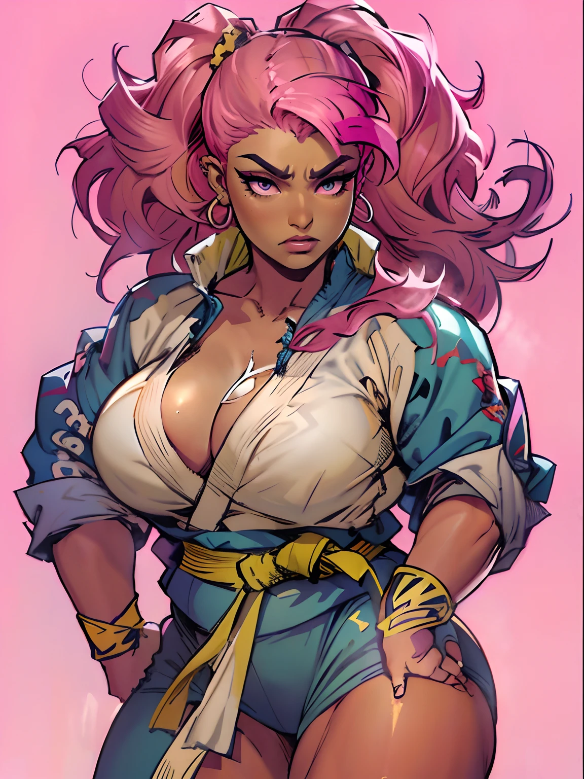 jim lee
street fighter, 1girl, brown skin, perky breasts, (thick thighs), wide body, (chubby), pink hair, full martial arts gi, boots, arm bands, makeup, earrings, solid background, full body,
((masterpiece))