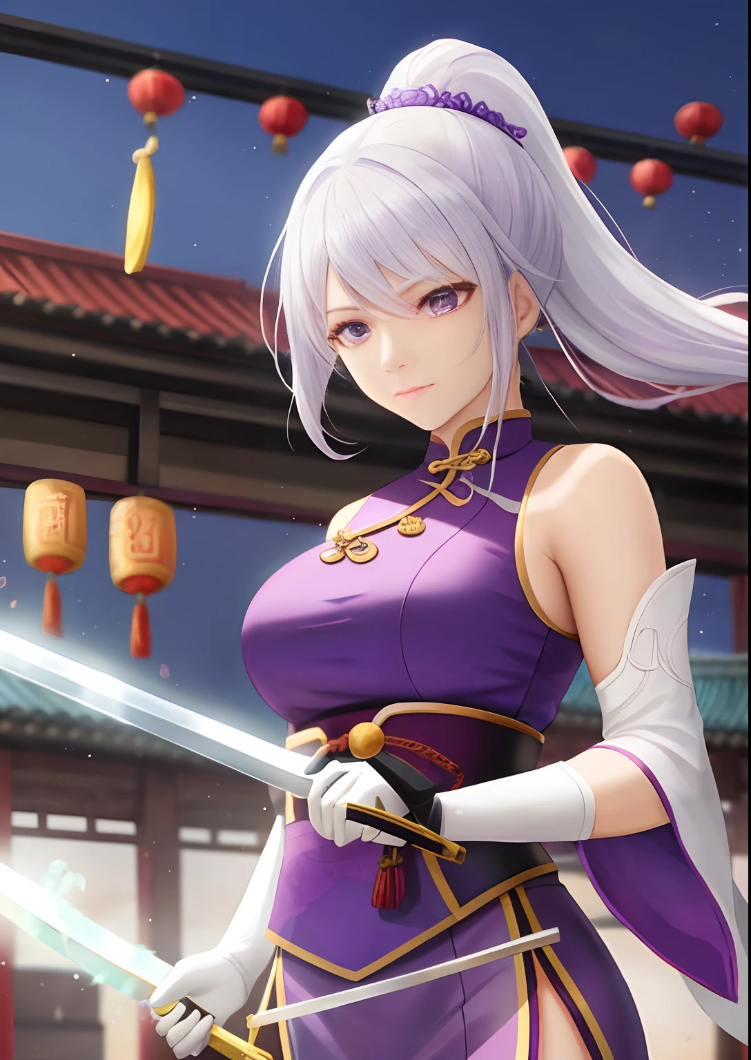 A woman,Holding An Sword,White hair,Wear purple Hanfu,Long white gloves are worn on the elbows,Chinese Ancient Architecture